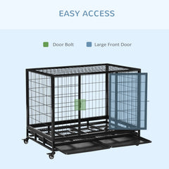 PawHut 43" Heavy Duty Metal Dog Kennel Pet Cage with Crate Tray and Wheels