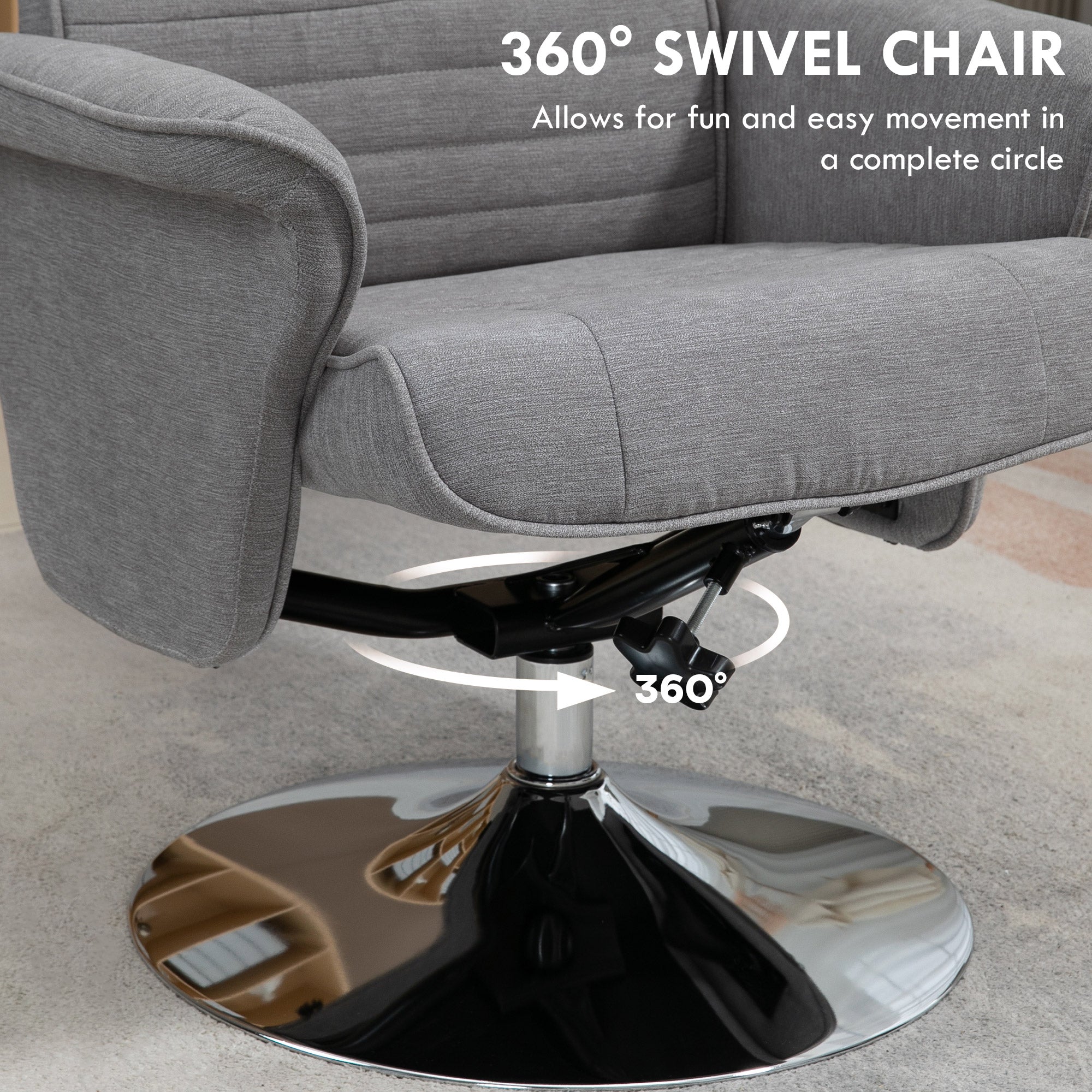 Kozy - Swivel Recliner Chair with Footstool, Velvet Recliner Armchair with Ottoman, Steel Base, Upholstered Reclining Chair for Living Room, Bedroom, Office, Grey