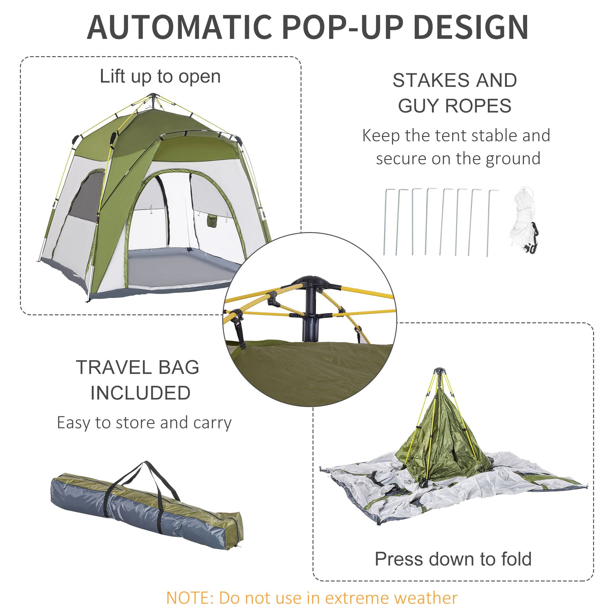 Outsunny 4 Person Automatic Camping Tent, Outdoor Pop Up Tent, Portable Backpacking Dome Shelter, Green