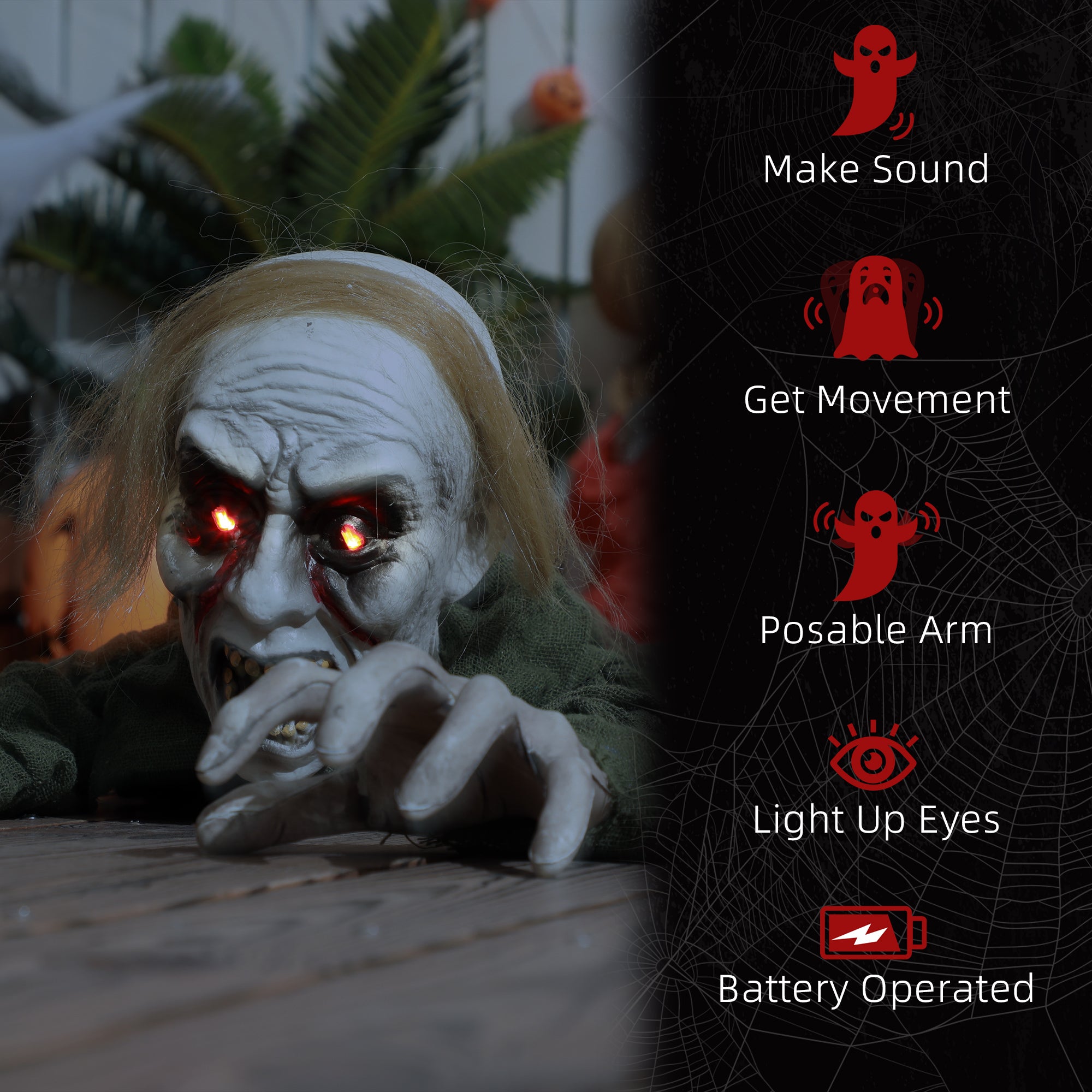 Kozy - 167 cm Outdoor Halloween Decoration Crawling Zombie, Animated Prop Decor with Sound Activated, Light Up Eyes