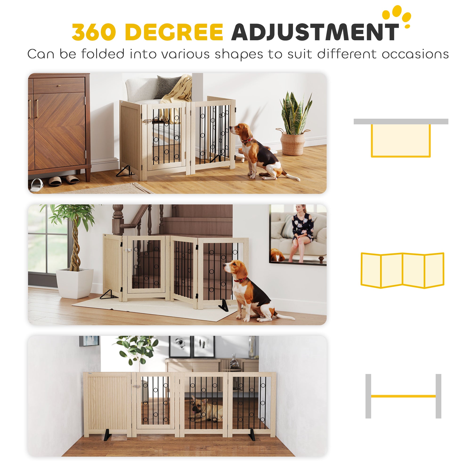 Kozy 4 Panel Freestanding Pet Gate, Indoor Dog Barrier with Lockable Door, Support Feet, 360° Flexible Hinges, Oak