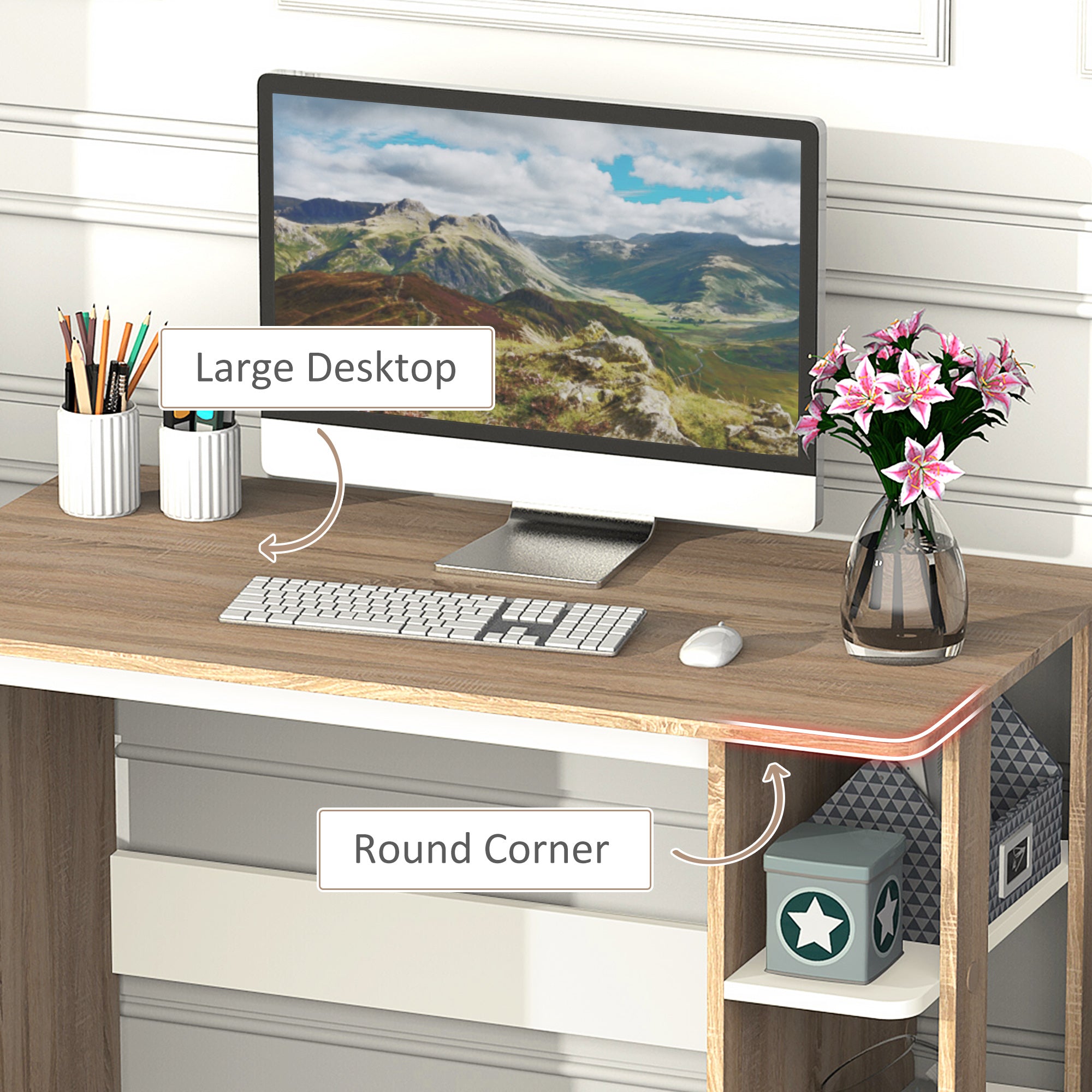 Kozy Computer Desk, Writing Desk with 3-Tier Storage Shelf, Work Table for Home Office, Study, Living Room, Oak and White