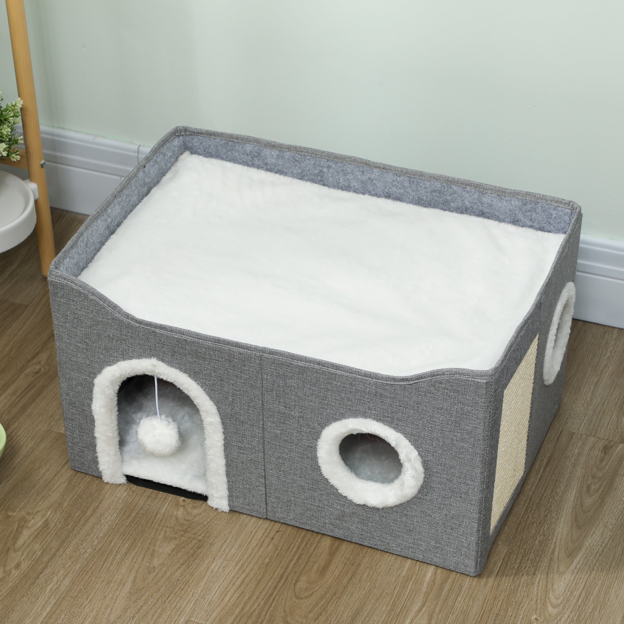 Kozy - Cat Bed for Indoor Pets, Foldable Cat House with Fluffy Ball and Scratch Pad for Small and Medium Pets, Grey