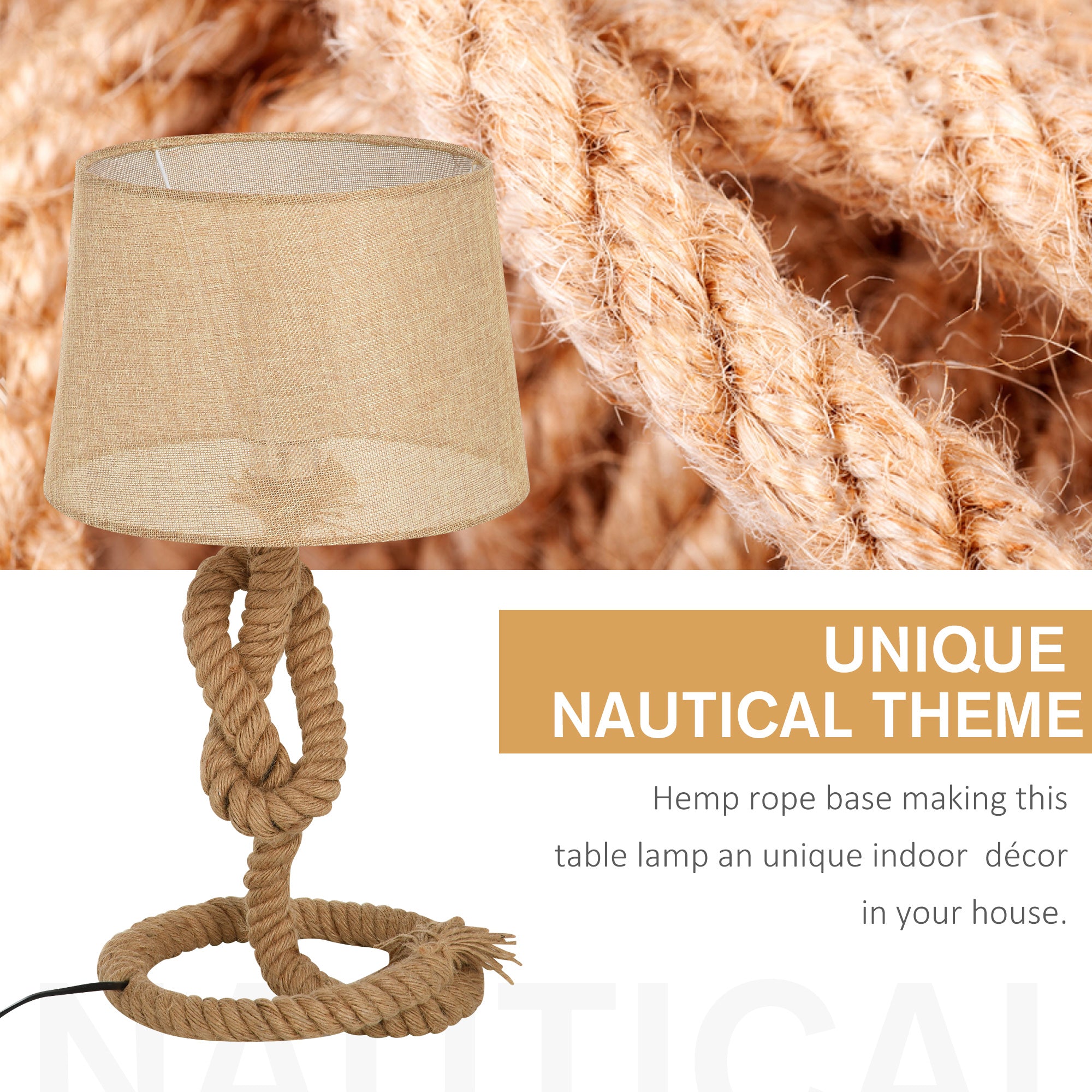 Kozy Nautical Style Table Lamp with Fabric Lampshade Metal Frame Power Switch, 48cm Home Desk Lamp Bedroom Living Room Study E27 Base, Beige