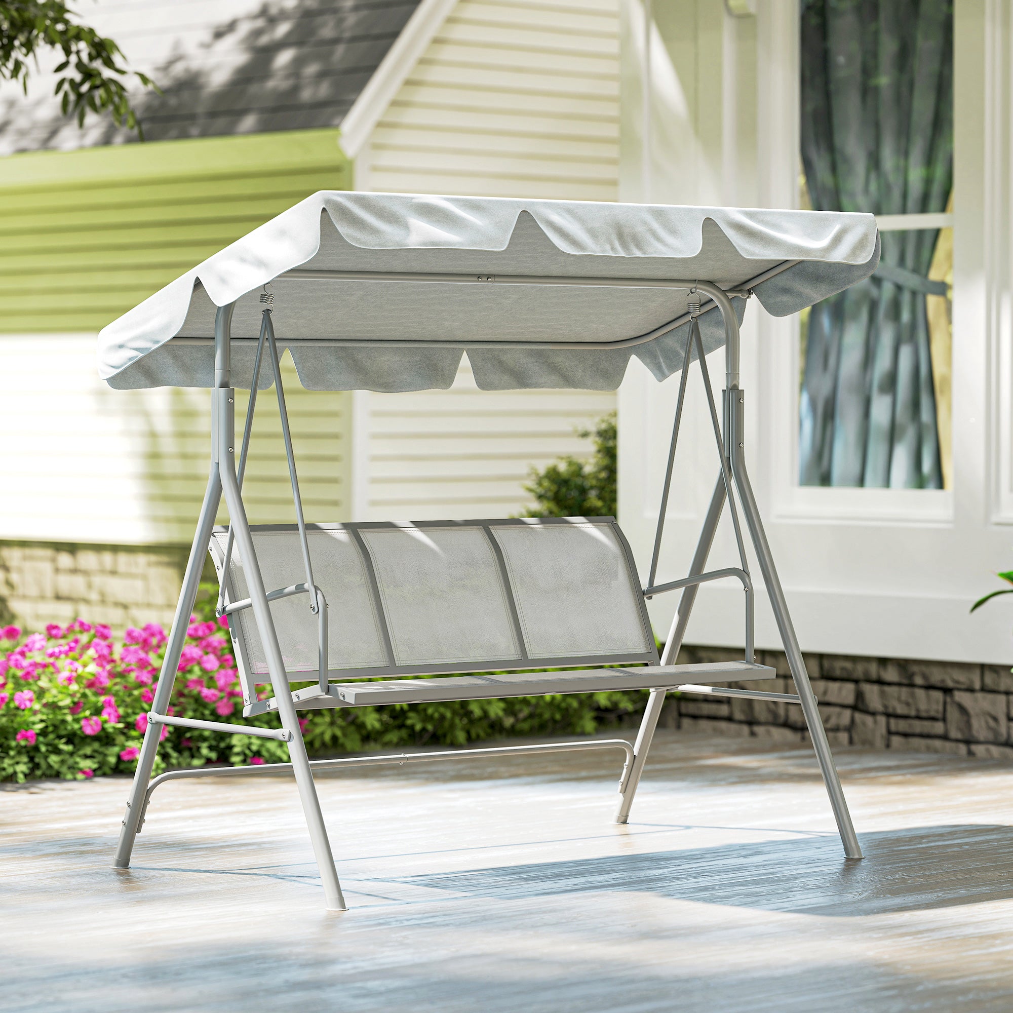 Kozy Metal Garden Swing Chair, 3-Seater Swing Seat, Patio Hammock Bench Canopy Lounger, Light Grey