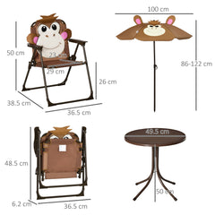 Kozy Kids Bistro Table and Chair Set, Outdoor Folding Garden Furniture w/Monkey Design, Removable, Adjustable Sun Umbrella, Ages 3-6 Years - Brown
