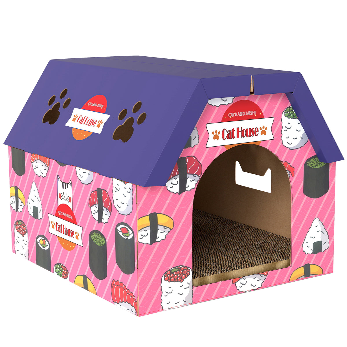 Kozy - Cat Scratching Board, 2-in-1 Cardboard Cat House and Hideaway for Indoor Cats, Pink