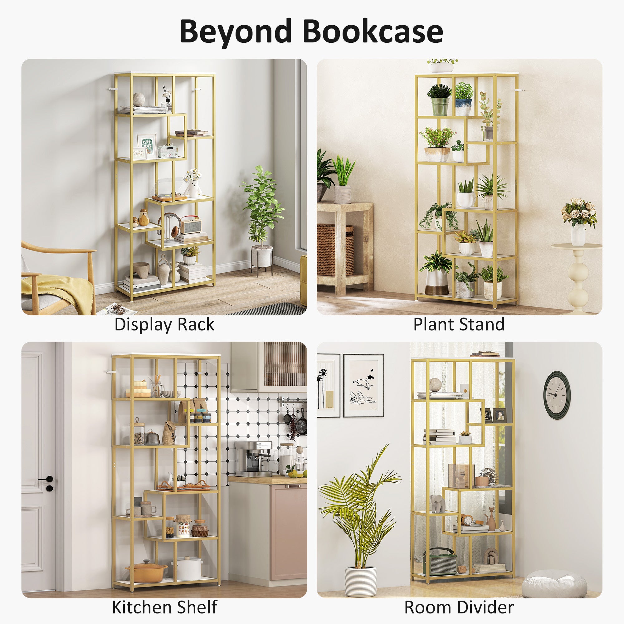 Kozy Seven-Tier Geometric Bookcase - White/Gold Tone