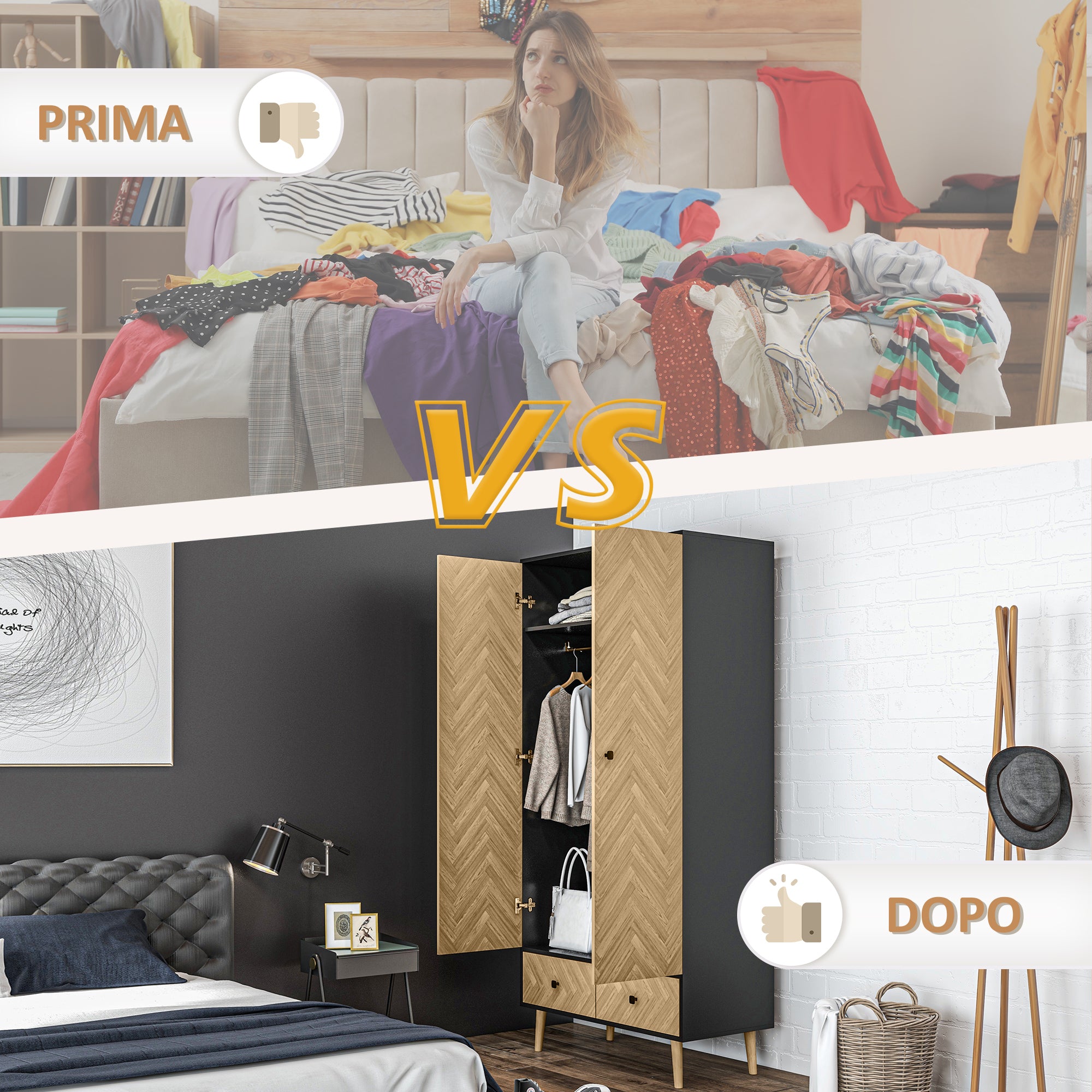 Kozy Modern Wardrobe Cabinet Wood Grain Sticker Surface with Shelf, Hanging Rod and 2 Drawers 90x50x190cm