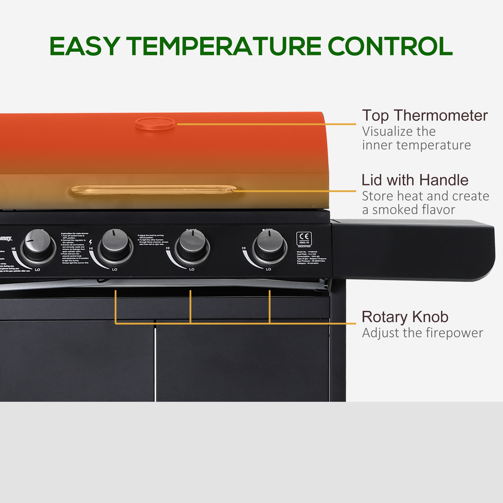 Kozy 4+1 Burner Gas BBQ Grill, Outdoor Barbecue Trolley with Wheels, Warming Rack, Side Shelves, Cabinet, Thermometer for Garden, Party, Camping, 125 L x 51 W x 100 H cm, Black