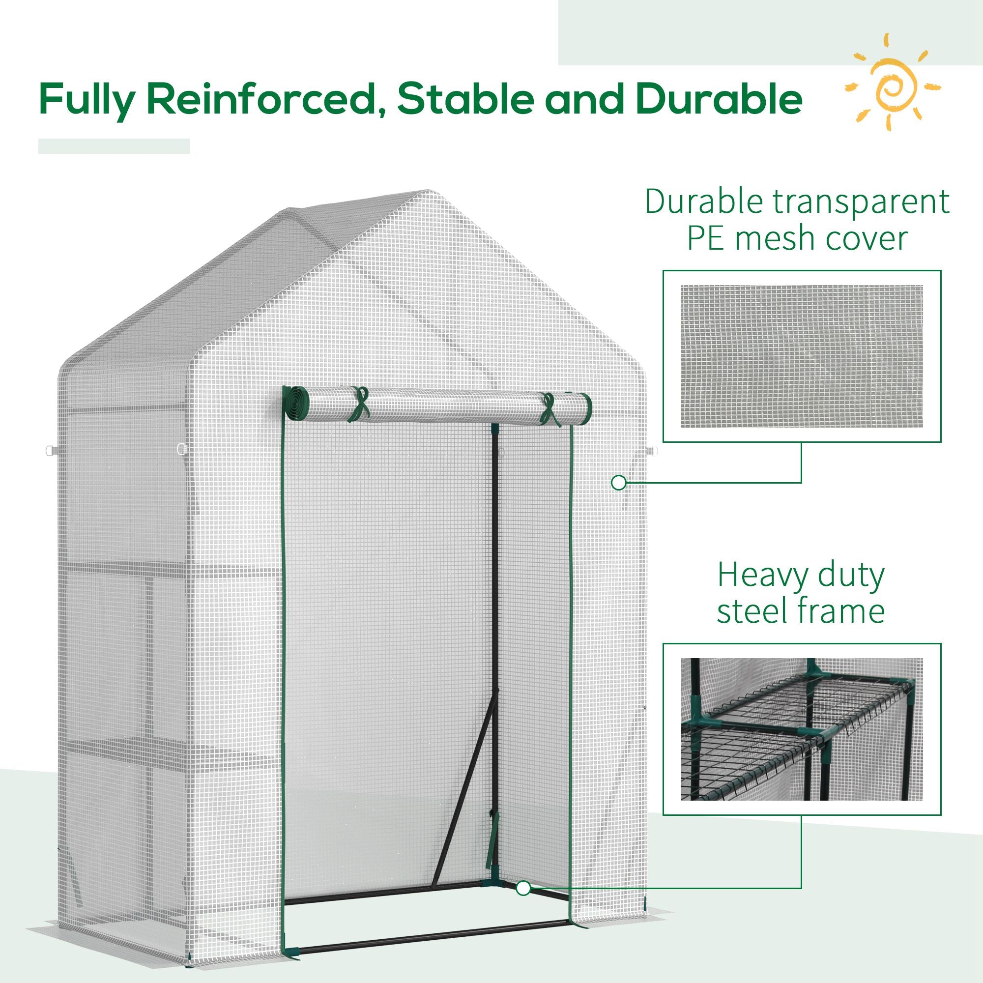 Kozy Walk In Greenhouse with 2 Tier Shelf, Portable Gardening Plant Grow House Tomato Greenhouse with Roll up Zip Panel Door, Reinforced PE Cover, 143 x 73 x 195cm, Green