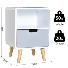 HOMCOM Bedside Cabinet in Scandinavian Design, Storage Nightstand with Drawer, White/Grey/Natural, 40Lx38Wx58H cm