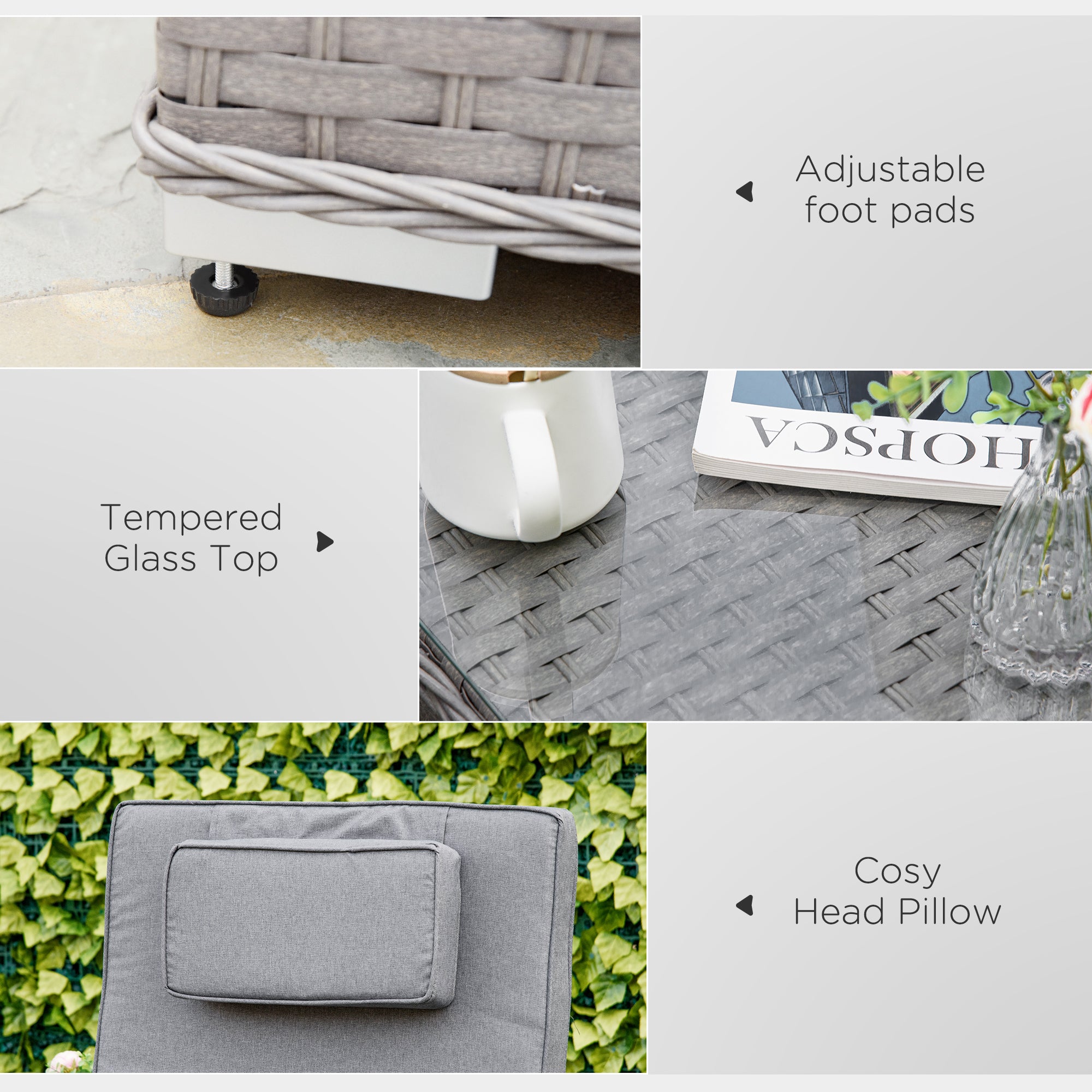 Kozy 3 Pieces Rattan Sun Lounger Set with Aluminium Frame, 5-Position Adjustable Reclining Garden Chairs and Glass Top Table, Wicker Garden Furniture Daybed with Cushions for Patio, Grey