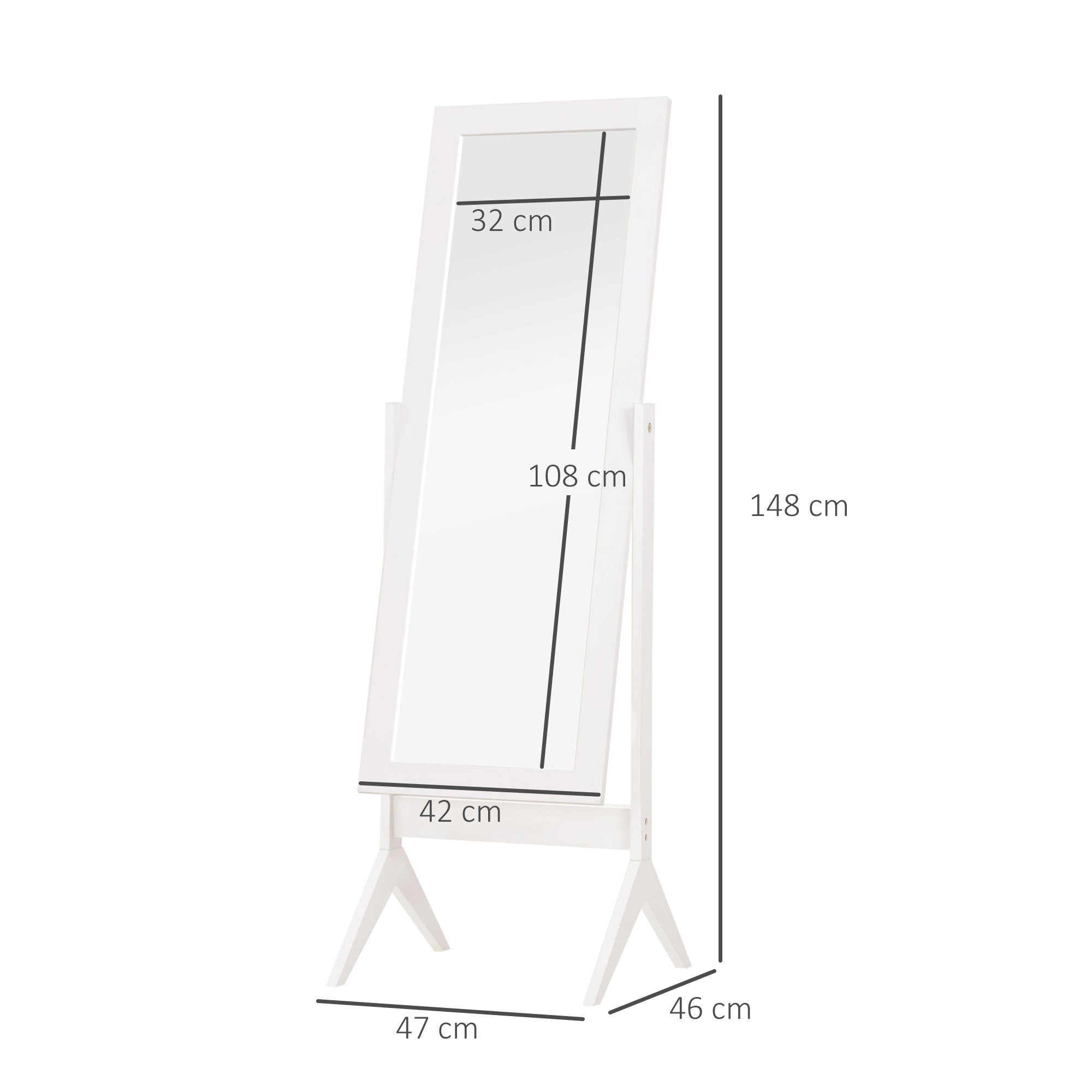 Kozy Full Length Mirror, Freestanding Adjustable Angle Dressing Mirror for Bedroom, Living Room, 148 x 47 cm, White