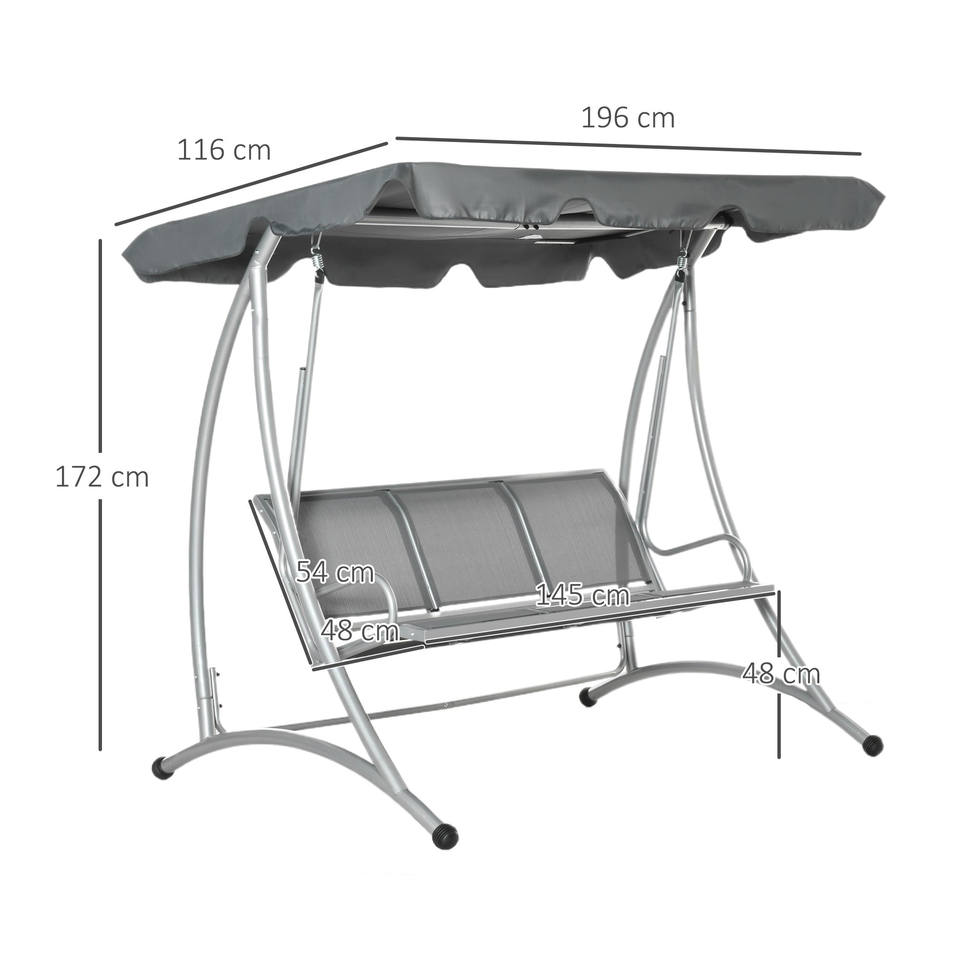 Kozy Three Person Steel Outdoor Porch Swing Chair Bench w/ Canopy Cover Grey