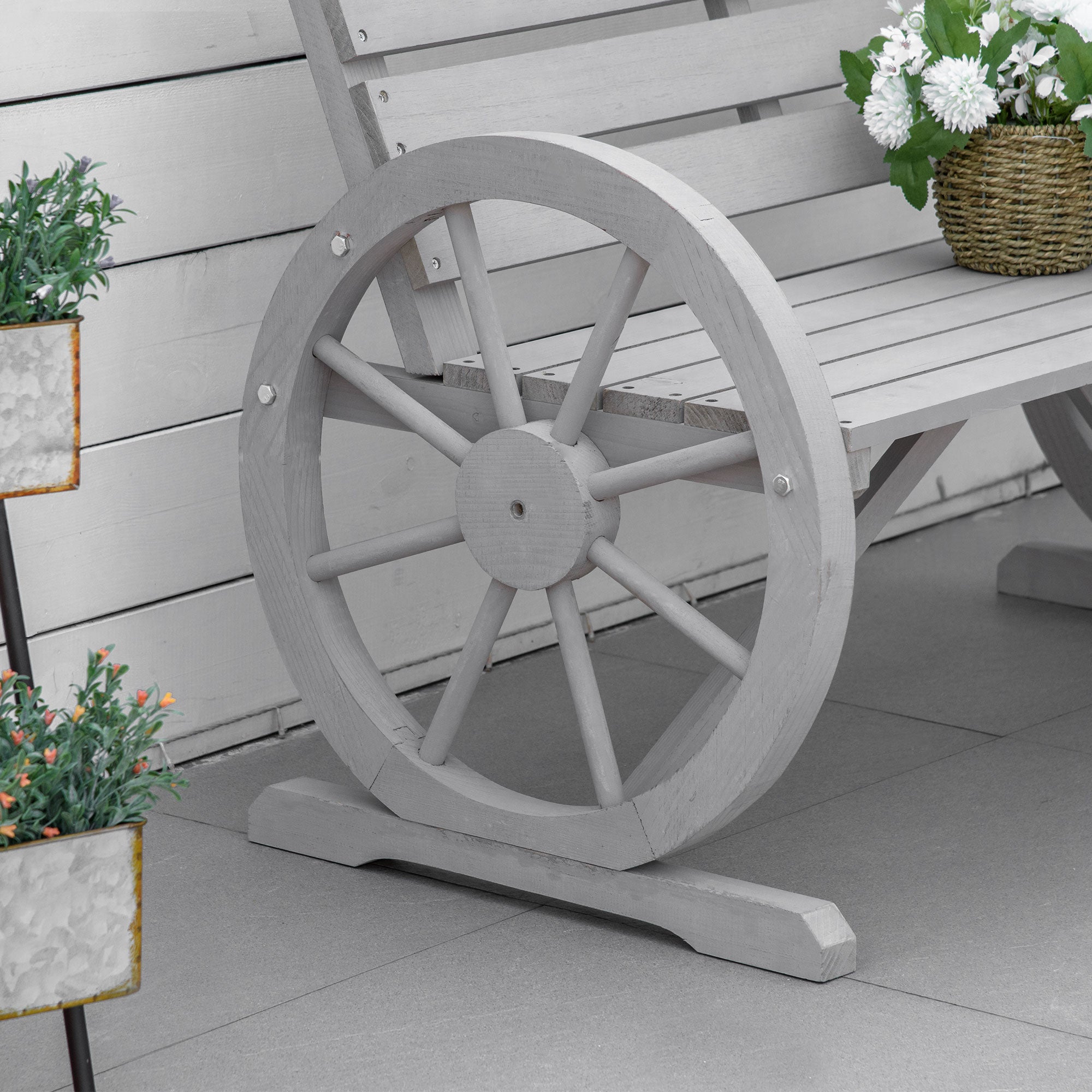 Kozy Wooden Cart Wagon Wheel 2 Seater Garden Bench Outdoor Garden Armrest Chair Rustic High Back Loveseat Grey