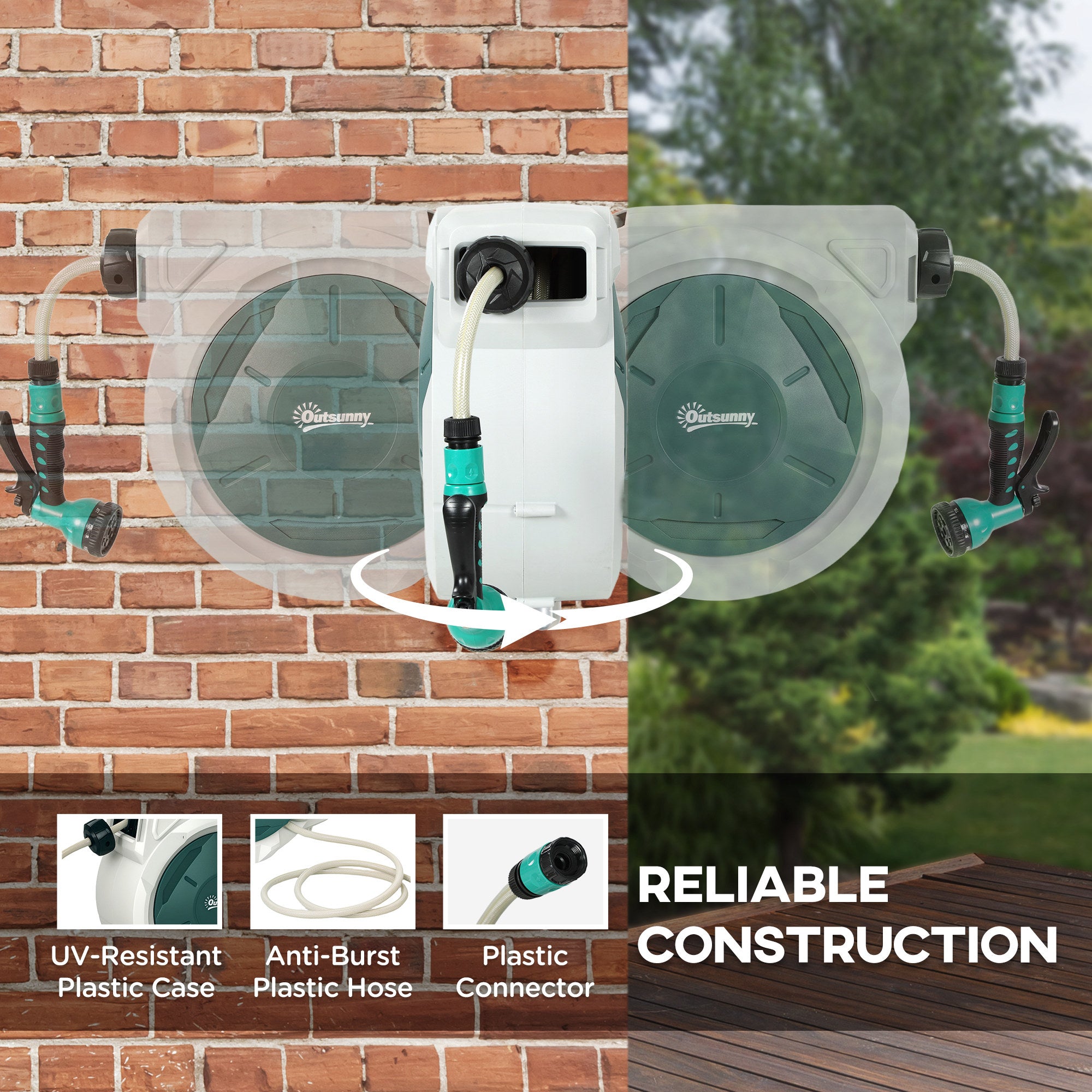 Kozy - Retractable Hose Reel Wall Mounted, 30+2m Garden Hose Pipe Reel with Lock, Auto Rewind, 7 in 1 Spray Nozzle, Includes Wall Fixings, 180° Swivel, Outdoor Watering, Grey