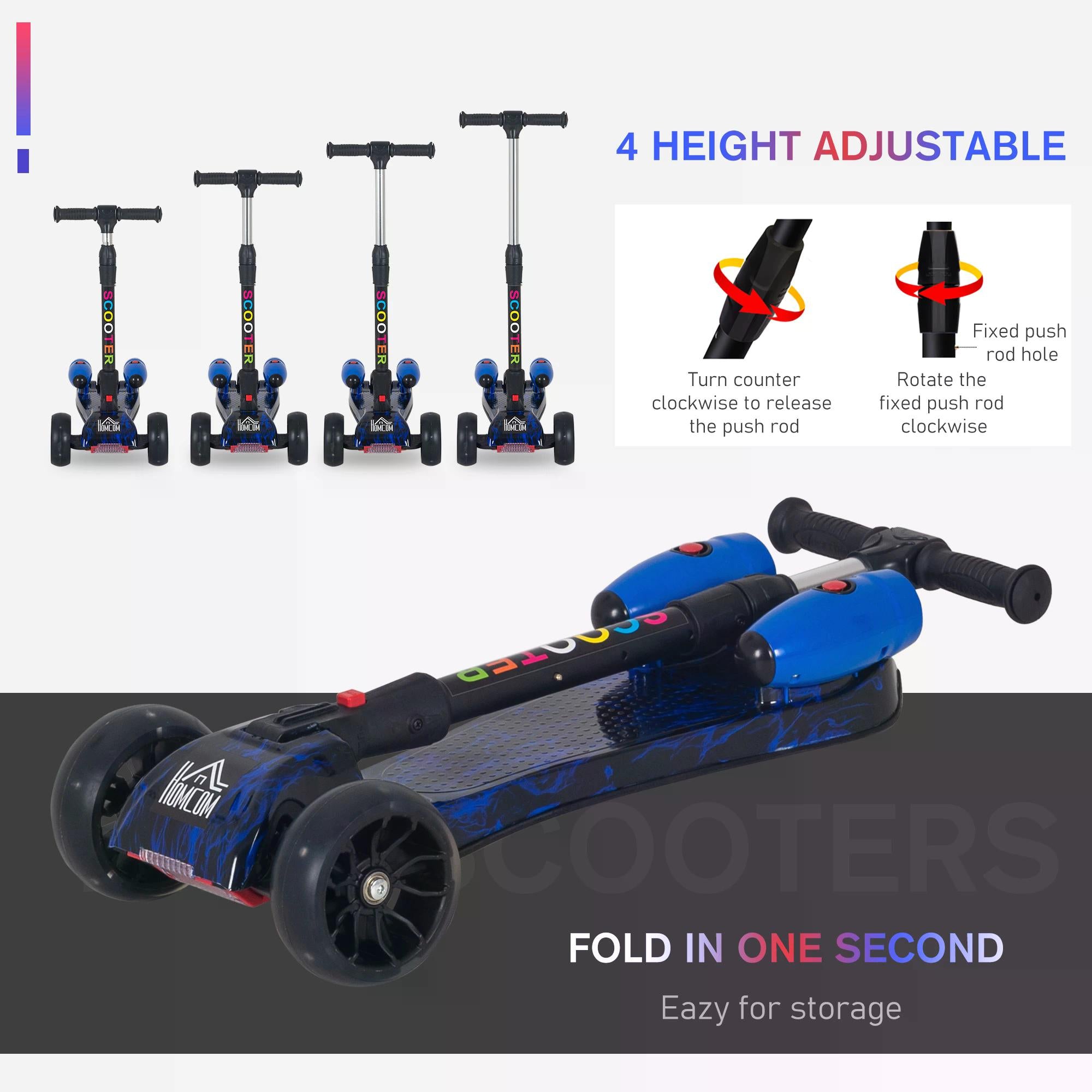 HOMCOM Kids 3 Wheel Kick Scooter Adjustable Height w/ Flashing Wheels Music Water Spray Foldable Design Cool On Off Road Vehicle Blue