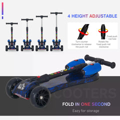 HOMCOM Kids 3 Wheel Kick Scooter Adjustable Height w/ Flashing Wheels Music Water Spray Foldable Design Cool On Off Road Vehicle Blue