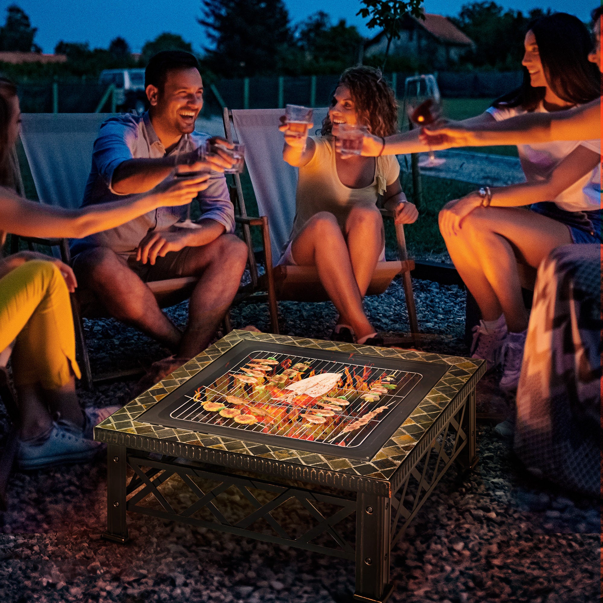 Kozy Large Outdoor Fire Pit Table, 3 in 1 Square Wood Burning Firepit Metal Brazier, BBQ Grill, Ice Bucket w/ Grill Grate, Log Grate, Lid, Poker for Garden, Camping, Bonfire, 76 x 76 x 47cm, Black