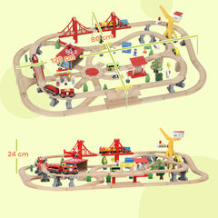 Kozy 133-Piece Wooden Train Set, Toy Train with Crane, Storage Box, for Kids Ages 3+