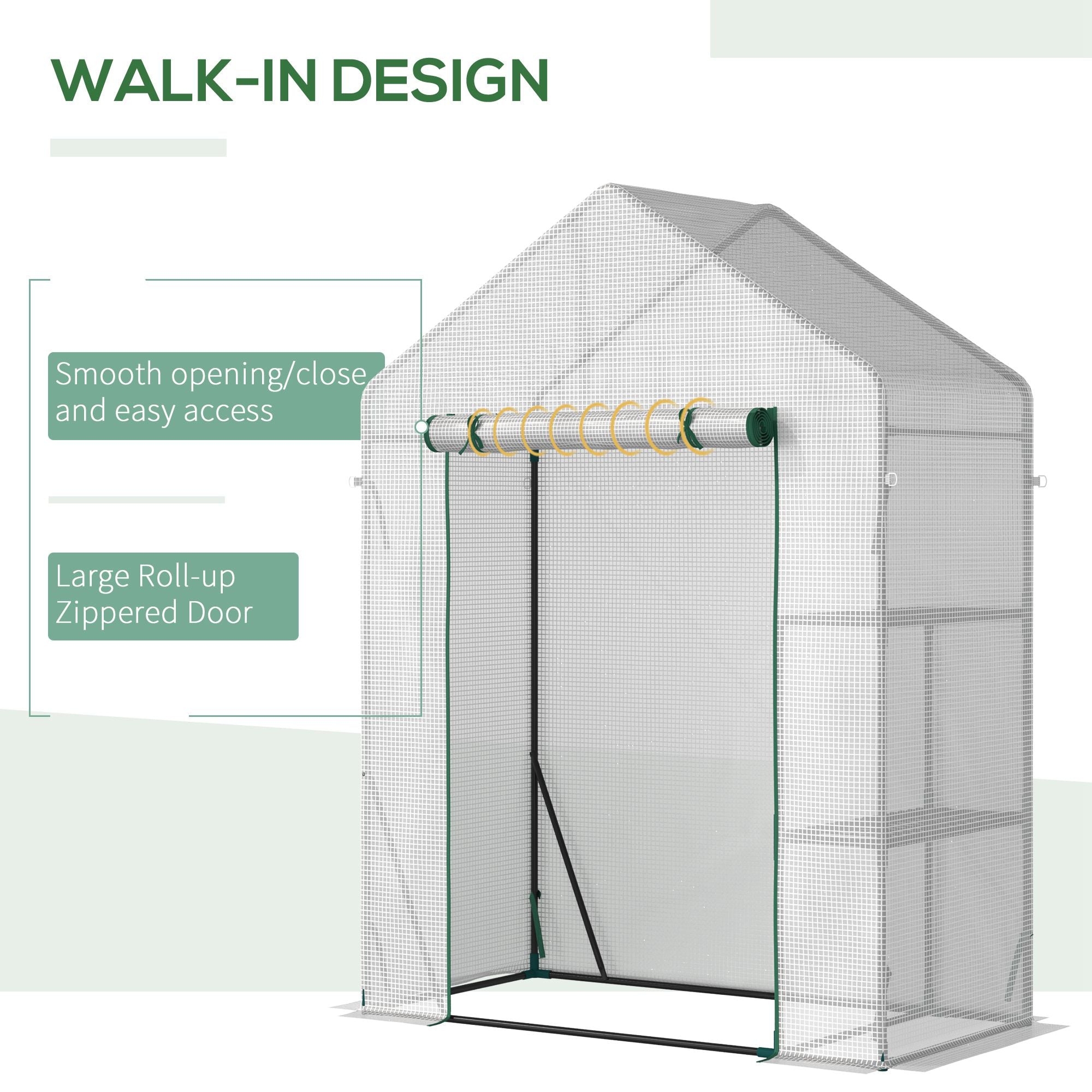 Kozy Walk In Greenhouse with 2 Tier Shelf, Portable Gardening Plant Grow House Tomato Greenhouse with Roll up Zip Panel Door, Reinforced PE Cover, 143 x 73 x 195cm, Green