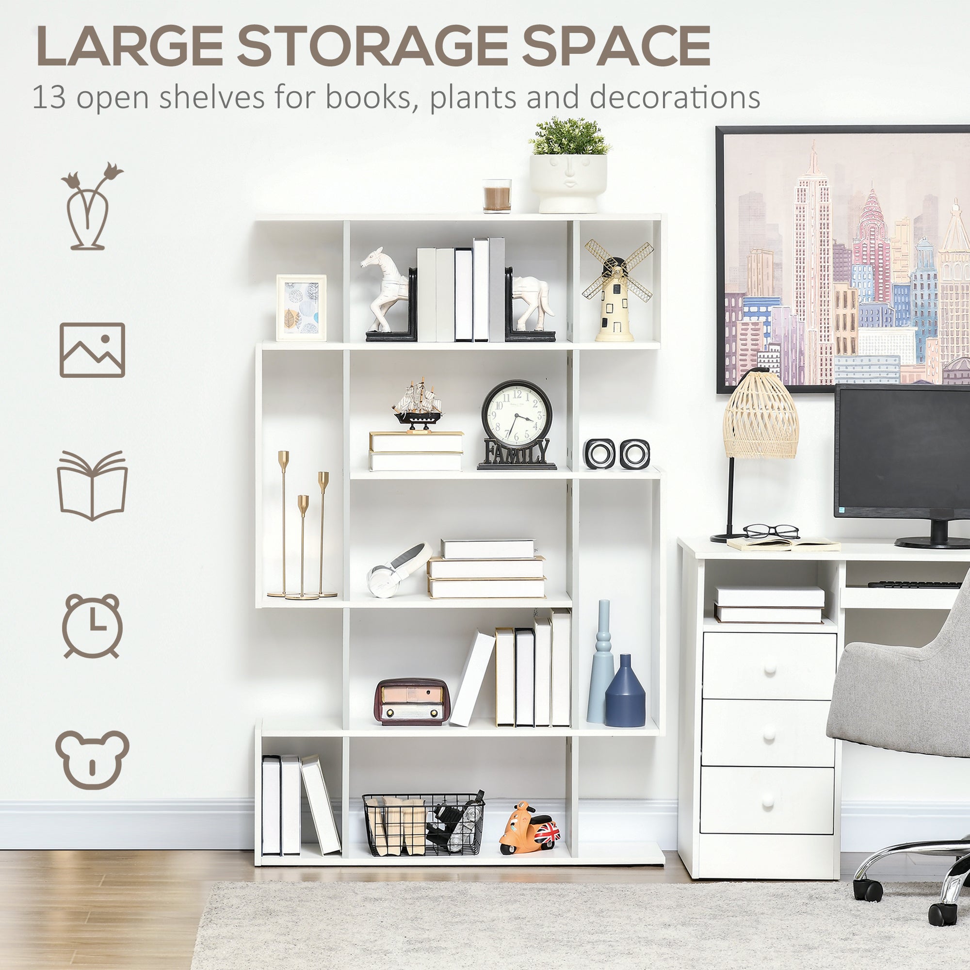 Kozy 5-Tier Bookshelf, Modern Bookcase with 13 Open Shelves, Freestanding Decorative Storage Shelving for Home Office and Study, White