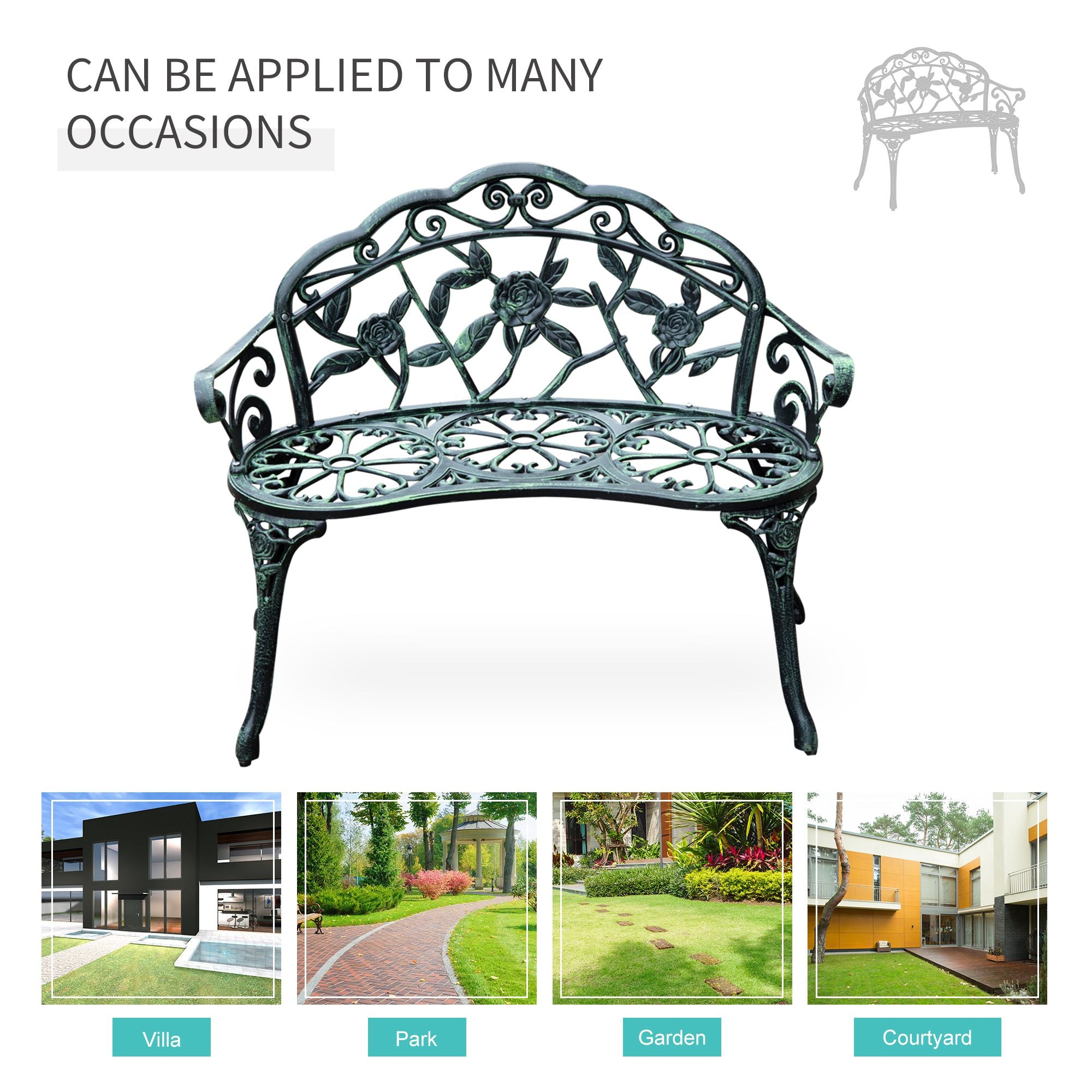 Outsunny Cast Aluminium Outdoor Garden Patio Antique Rose Style Bench Porch Park Chair Seater