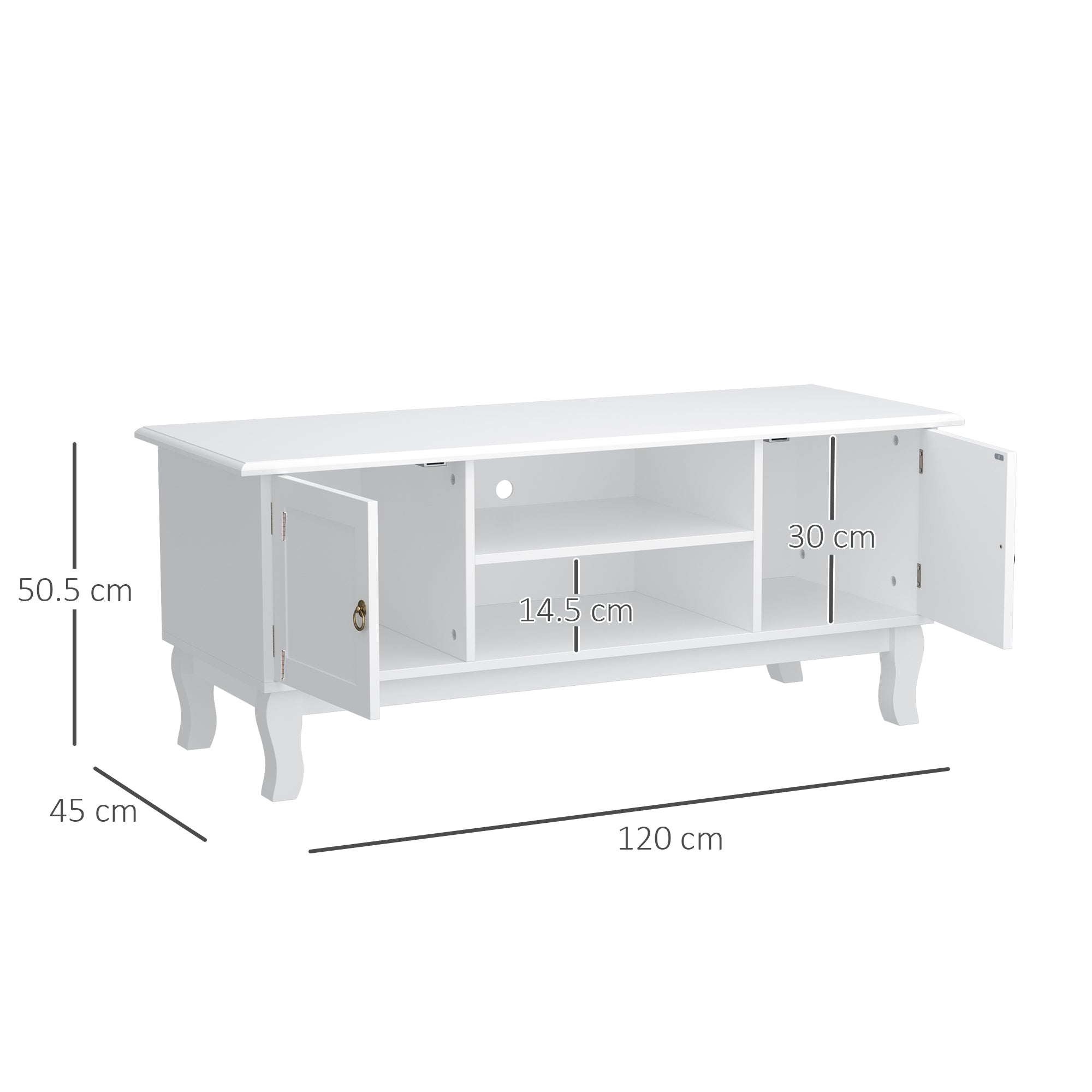 Kozy TV Unit up to 55", 2 Doors TV Cabinet with Open Storage Shelves and Cable Management for Living Room, Bedroom, Entertainment Room, 120L x 45W x 50.5H, White