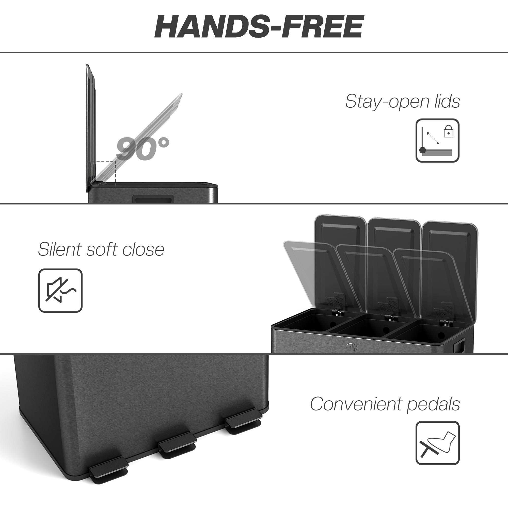 Kozy - 3 x 20L Pedal Bin, Steel Triple Kitchen Bin with Soft Close Lid, Removable Inner Buckets, Fingerprint-Proof, Black