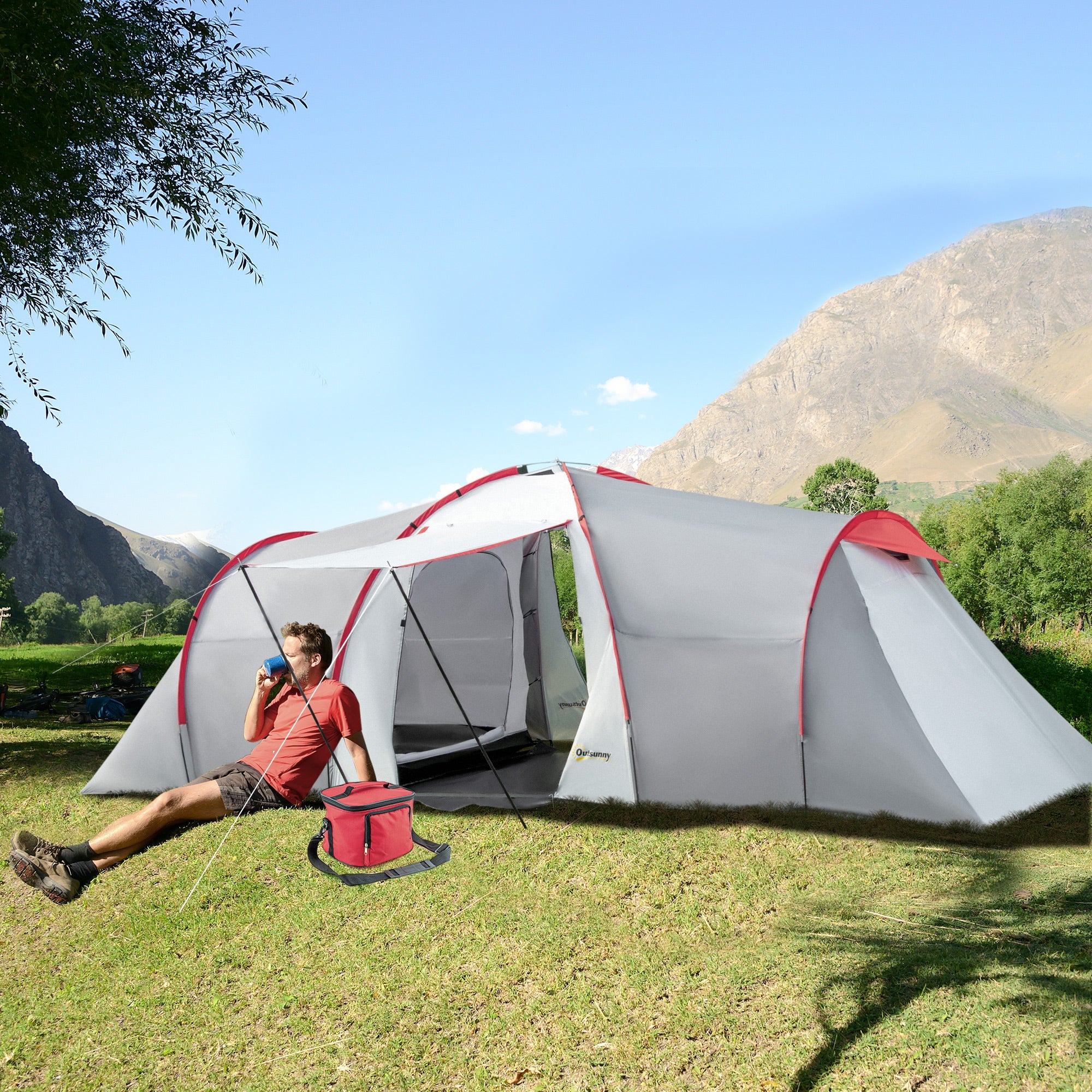 Outsunny 4-6 Man Tunnel Tent with 2 Bedroom, Living Area and Vestibule, Large Camping Tent, 2000mm Waterproof, UV50+, Portable with Bag, for Fishing