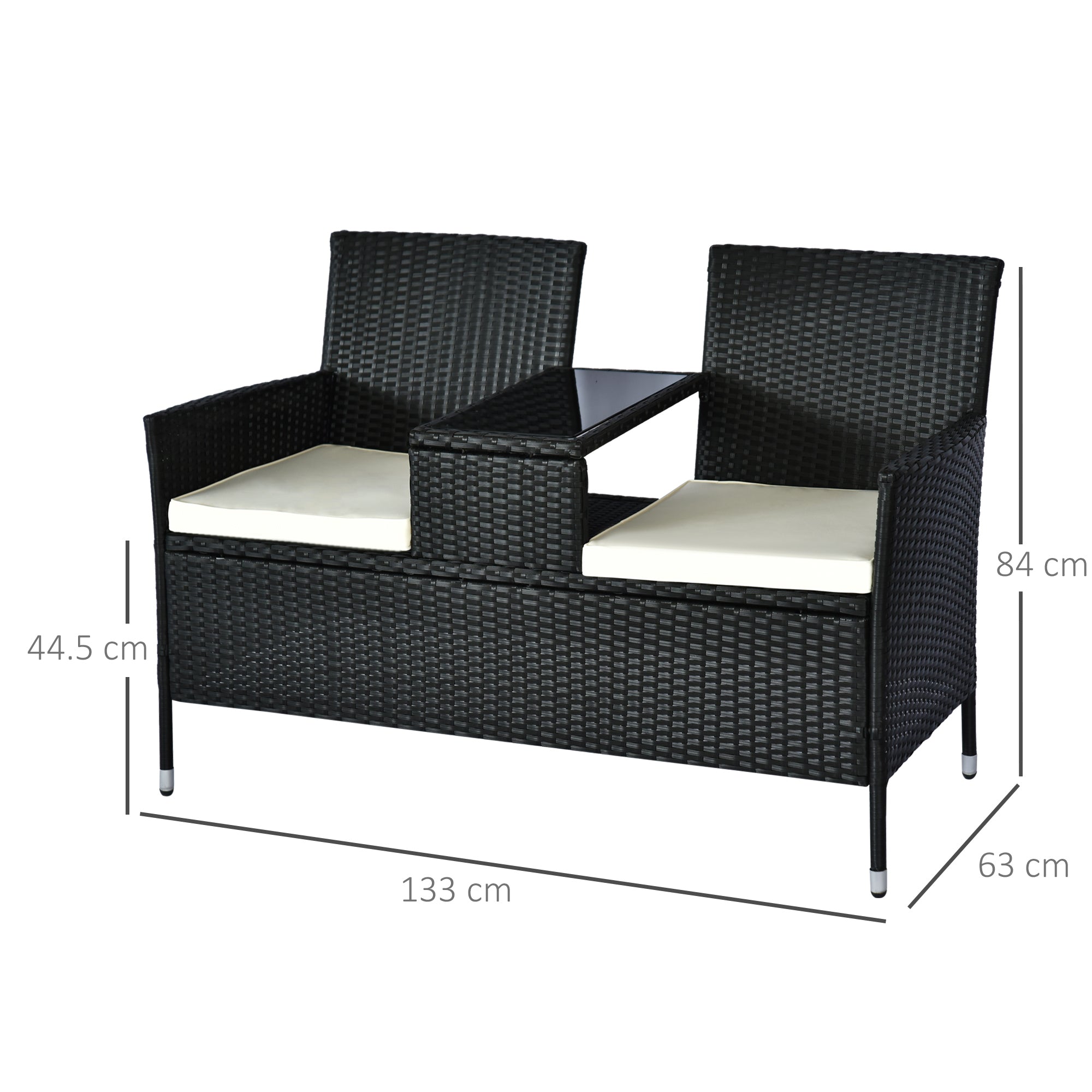 Kozy 2 Seater Rattan Campanion Chair Wicker Loveseat Outdoor Patio Armchair with Drink Table Garden Furniture - Black