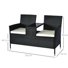 Kozy 2 Seater Rattan Campanion Chair Wicker Loveseat Outdoor Patio Armchair with Drink Table Garden Furniture - Black