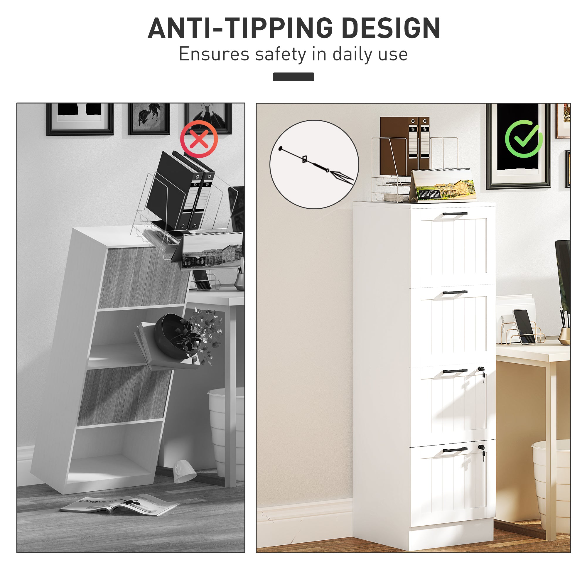 Kozy 4 Drawer Filing Cabinet with Lock, Office Storage Cabinet with Adjustable Hanging Bars for A4 Letter Size Files, White