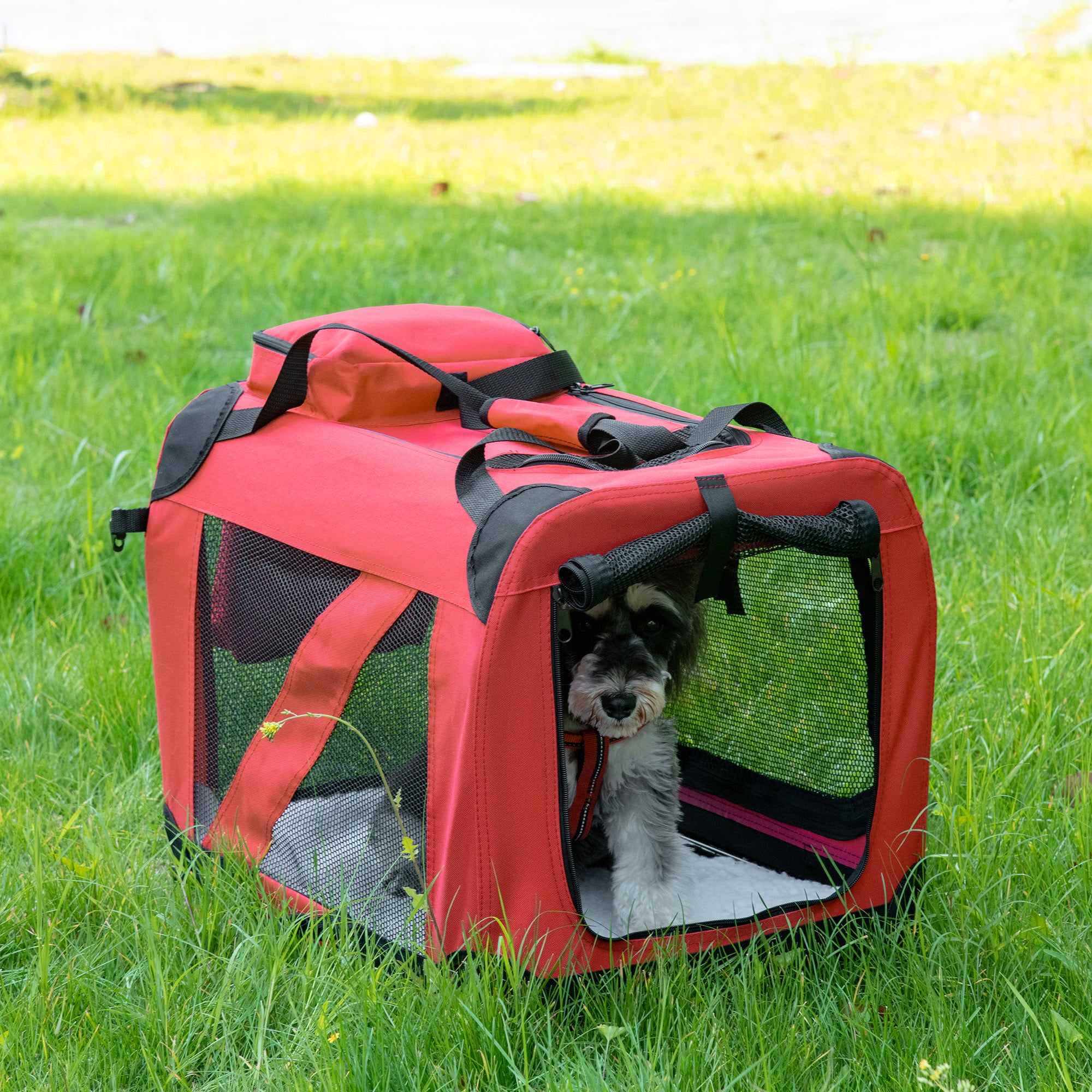 Kozy Foldable Pet Carrier for Small and Miniature Dogs, Portable Cat Carrier Soft Side Pet Travel Crate with Removable Mat, Storage Bags, Breathable Mesh Window 60 x 42 x 42cm - Red