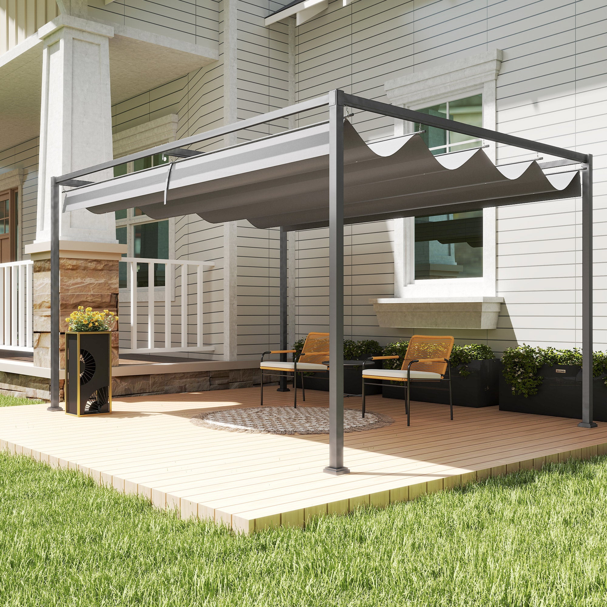 Kozy 4 x 3(m) Metal Outdoor Pergola with Retractable Roof, Outdoor Gazebo with Drainage Holes for Garden, Patio, Lawn, Grey