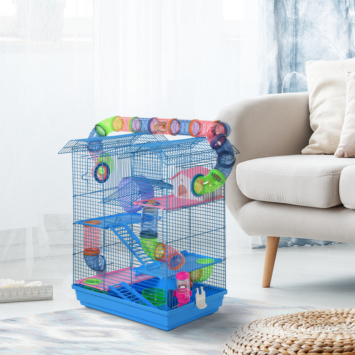 PawHut Hamster Habitat, 5 Tier Cage with Exercise Wheels, Tunnel, Water Bottle, Dishes, Ladder, Blue