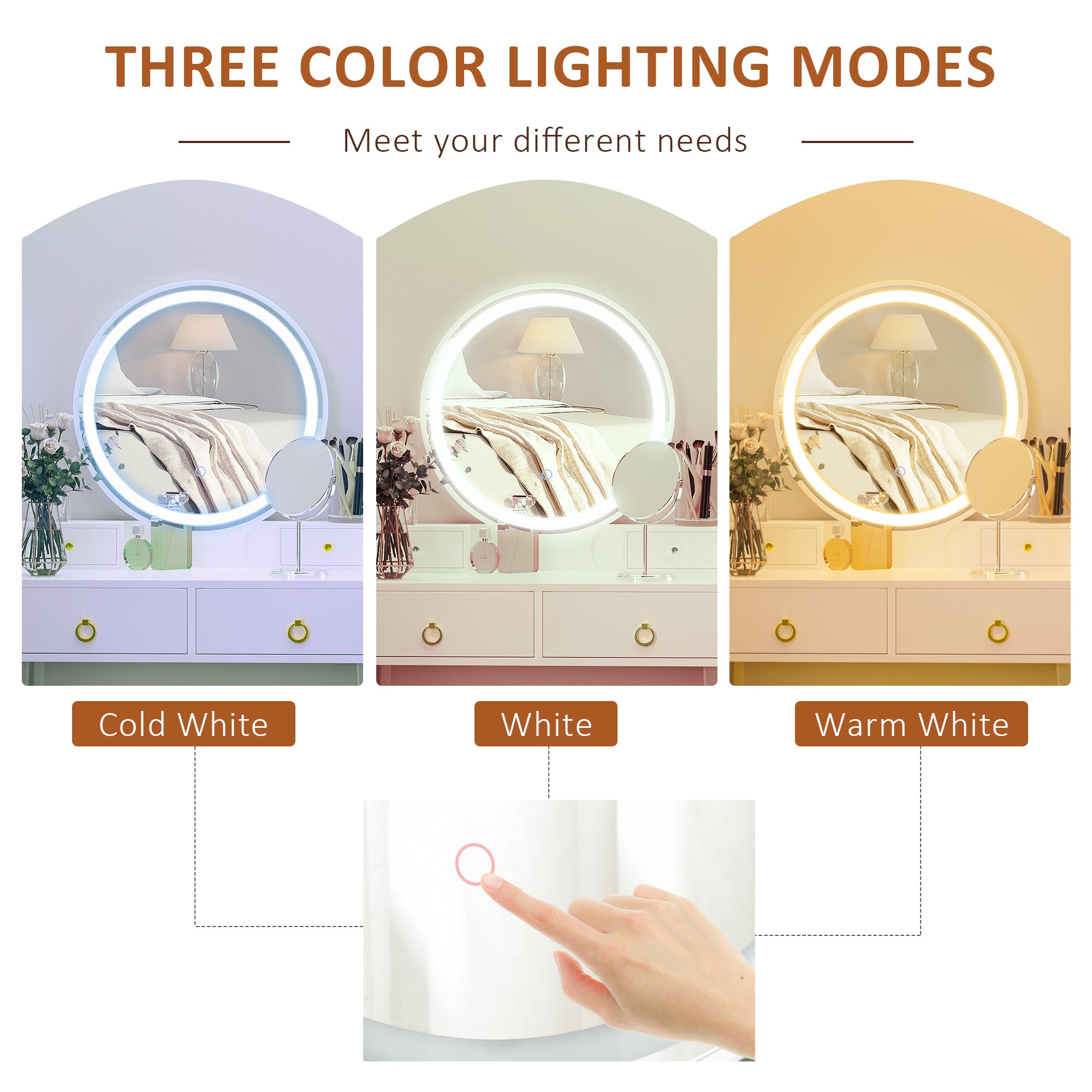 Kozy Dressing Table Set with Mirror, Built-in 3 Color LED Light, Vanity Makeup Table with 4 Drawers and Cushioned Stool for Bedroom, White