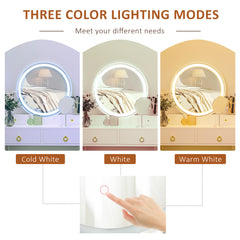 Kozy Dressing Table Set with Mirror, Built-in 3 Color LED Light, Vanity Makeup Table with 4 Drawers and Cushioned Stool for Bedroom, White