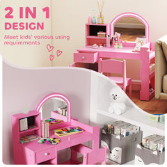 Kozy Kids Vanity Table and Chair Set, Girls Dressing Table with 2-Colour LED Mirror, Stool, Cabinet, Drawer, Shelves, Pink