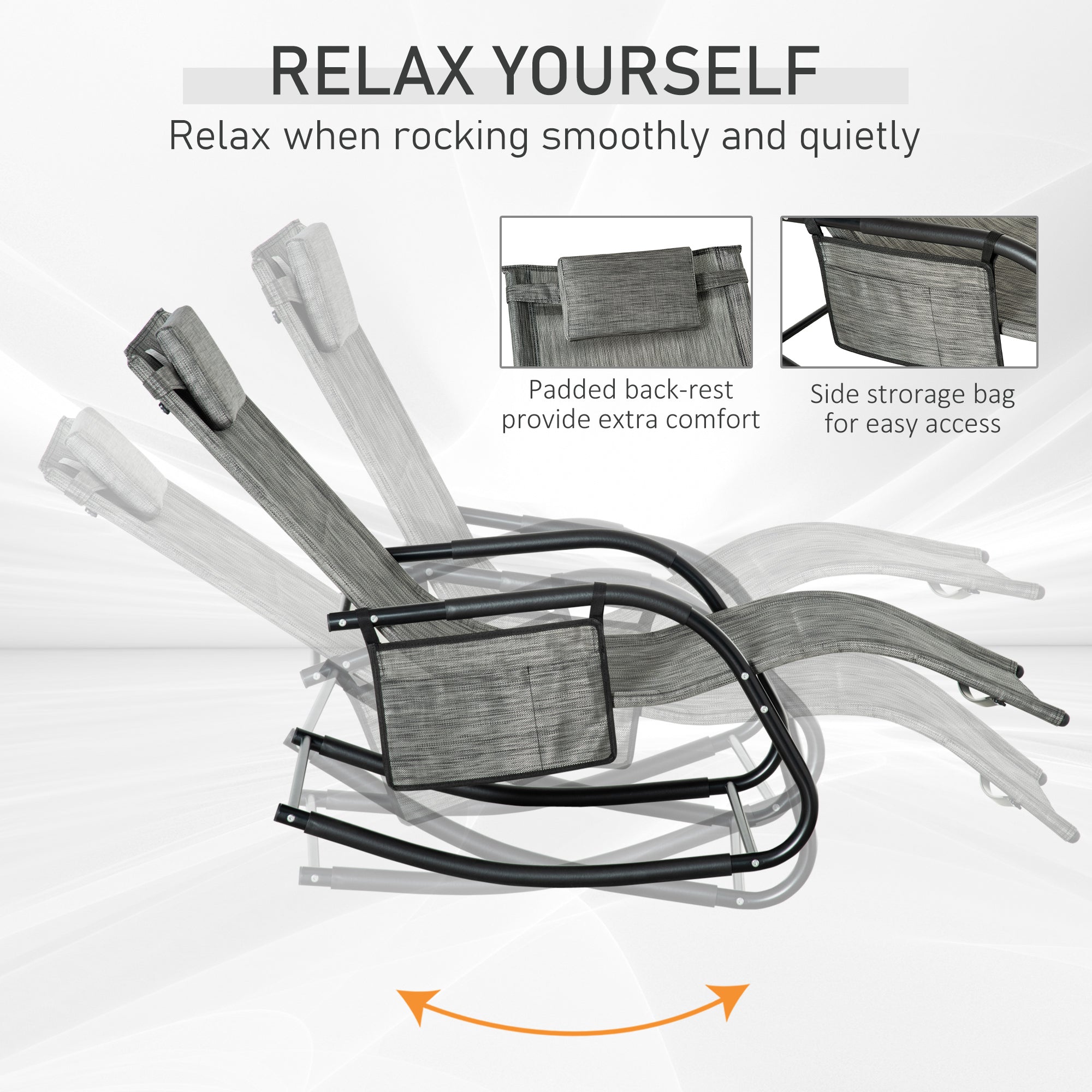 Kozy Outdoor Garden Rocking Chair, Patio Sun Lounger Rocker Chair with Breathable Mesh Fabric, Removable Headrest Pillow, Armrest, Side Storage Bag, Dark Grey