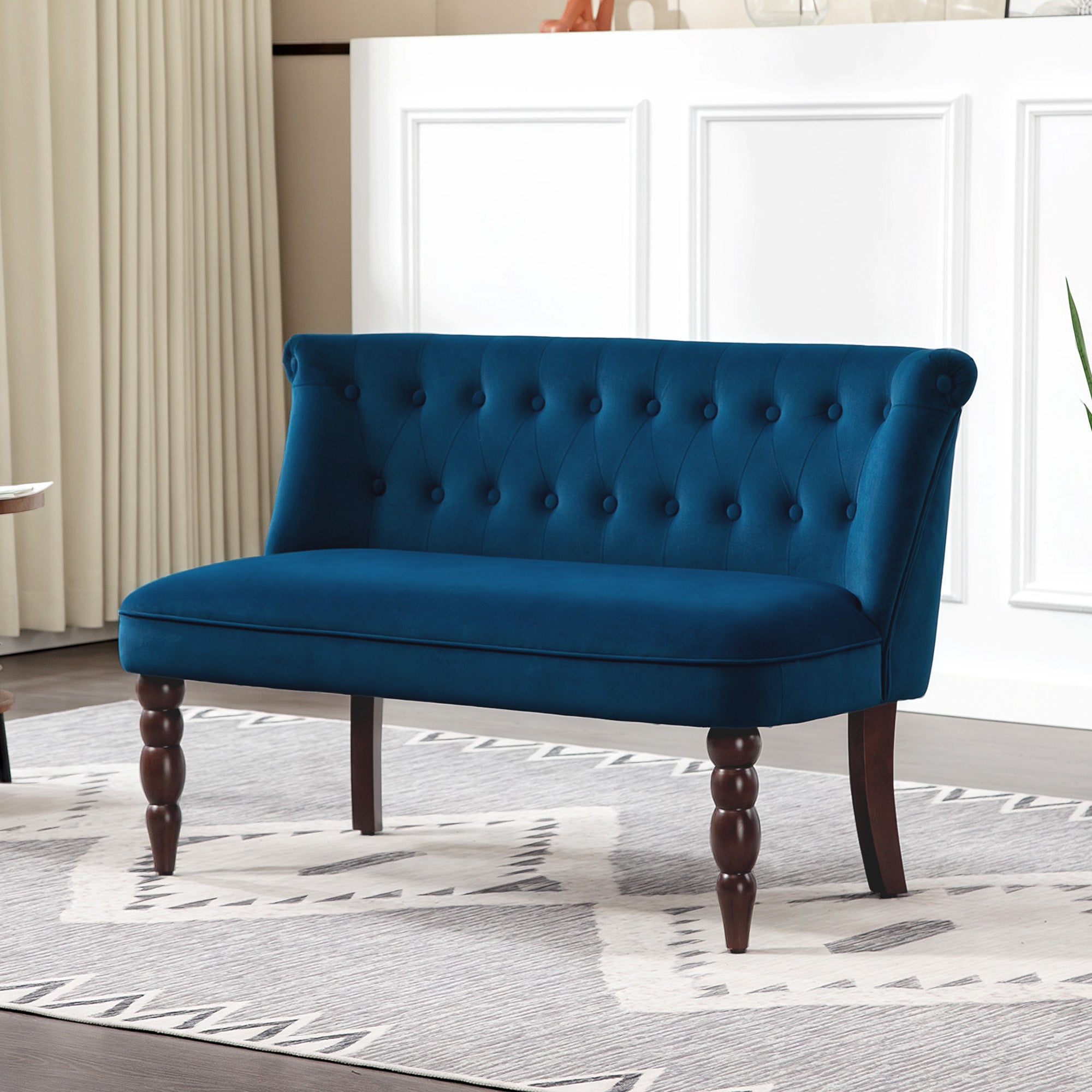 Kozy - Velvet 2 Seater Sofa, Button Tufted Wingback Loveseat with Rubber Wood Legs for Living Room, Bedroom, Dark Blue