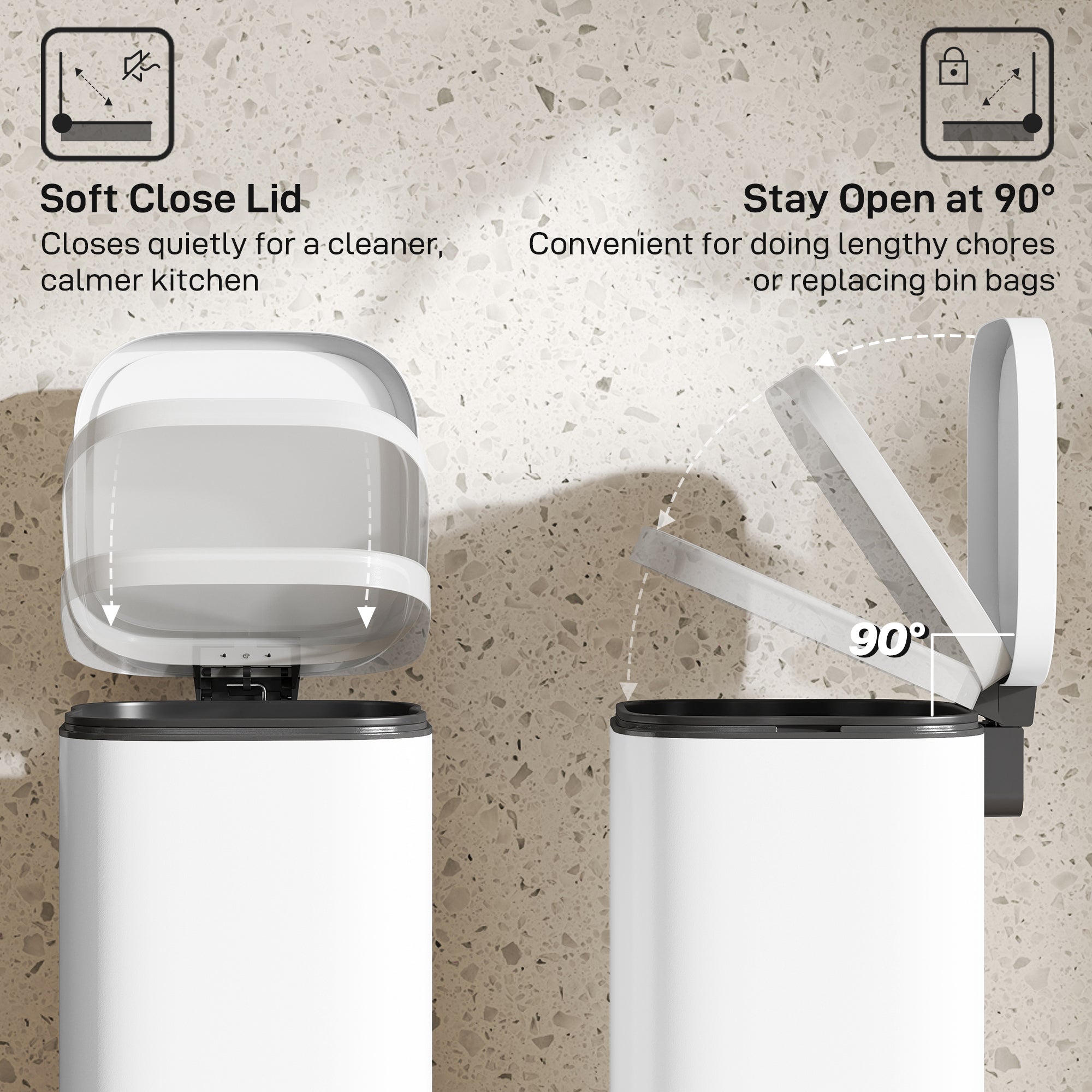 Kozy 30L Kitchen Bin, Compact Pedal Bin with Soft-Close and Stay-Open Lid, Removable Bucket for Kitchen, Home, Office, White