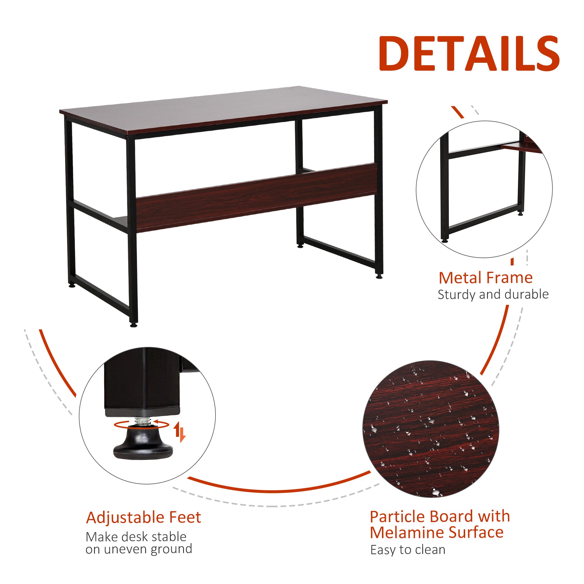 HOMCOM Computer Desk w/Storage Shelf Adjustable Feet Metal Frame Home Office Laptop Study Writing Workstation Table Brown