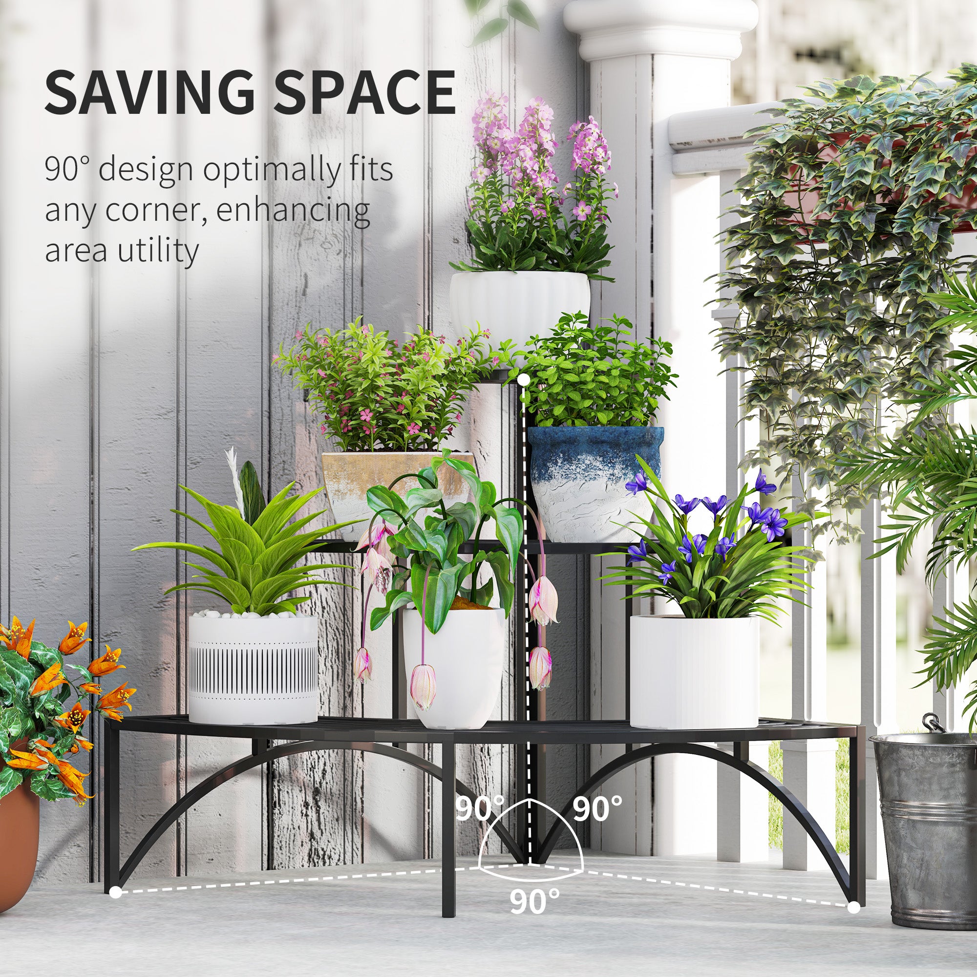 Kozy - Three-Tier Corner Metal Plants Shelves - Black