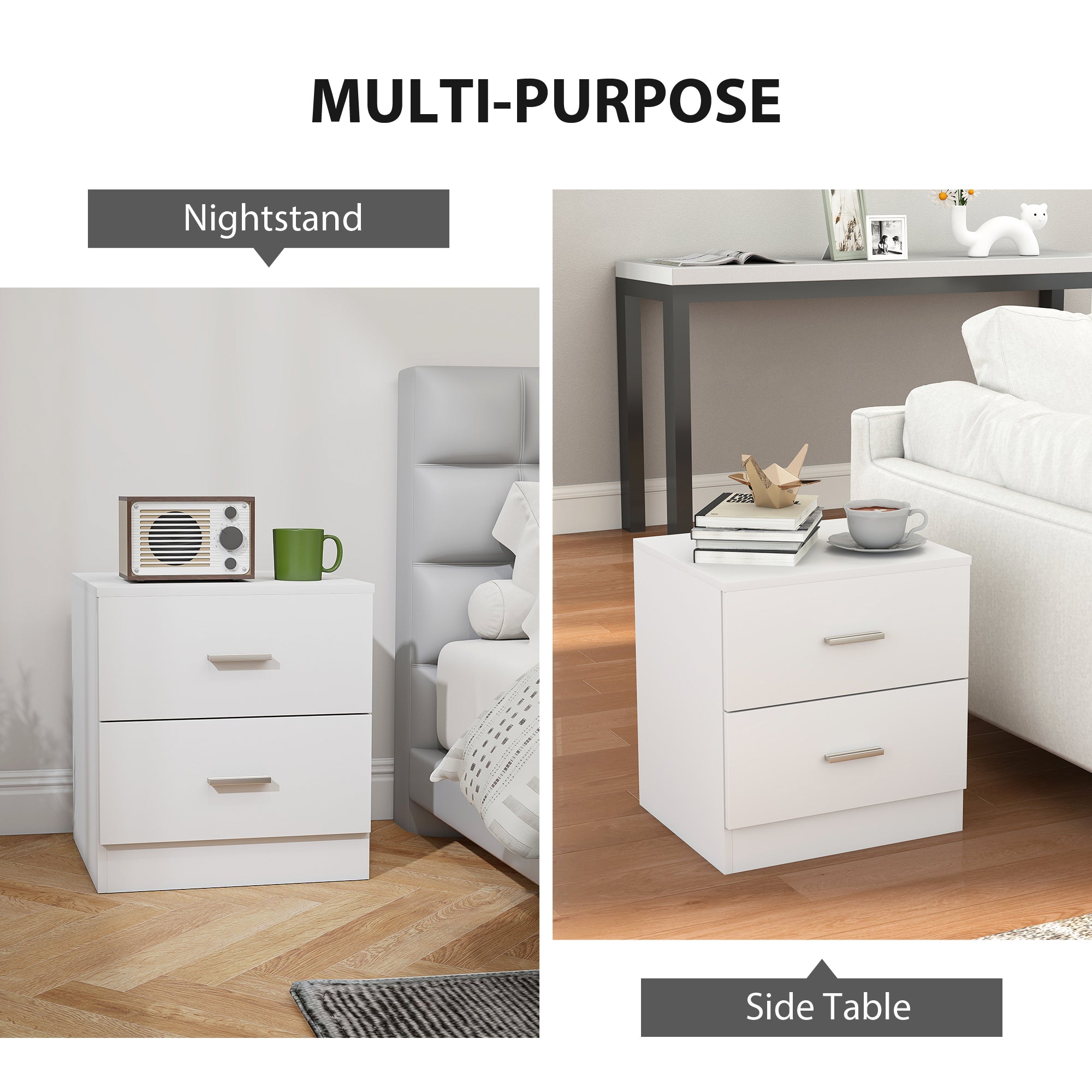 Kozy Modern Bedside Table, Beside Cabinet with 2 Drawers, for Bedroom, Living Room, White