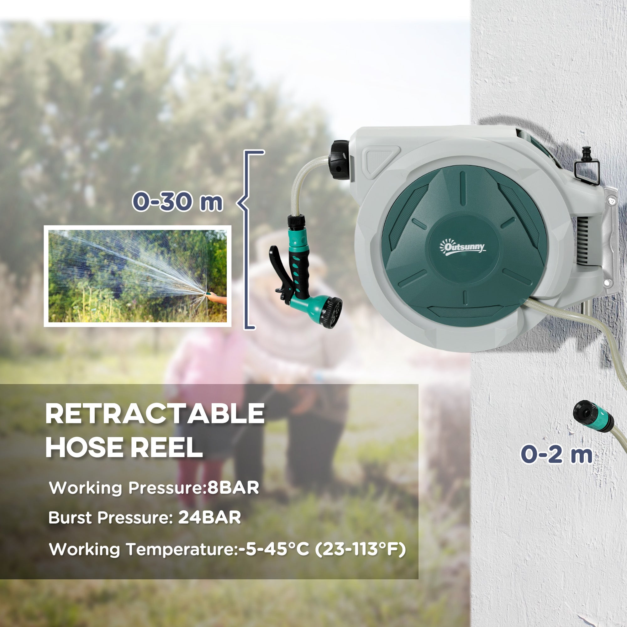 Kozy - Retractable Hose Reel Wall Mounted, 30+2m Garden Hose Pipe Reel with Lock, Auto Rewind, 7 in 1 Spray Nozzle, Includes Wall Fixings, 180° Swivel, Outdoor Watering, Grey