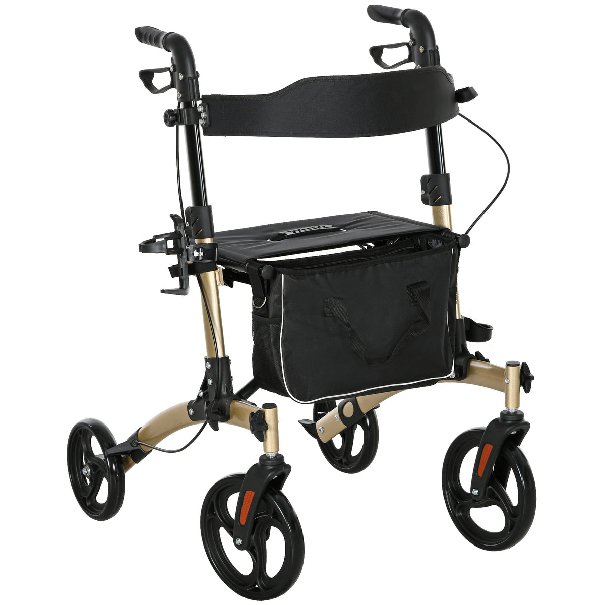 Kozy Folding Rollator with Cane Holder, Adjustable Handle Height and Aluminum Frame, 4 Wheeled Mobility Walker with Seat and Bag, Gold