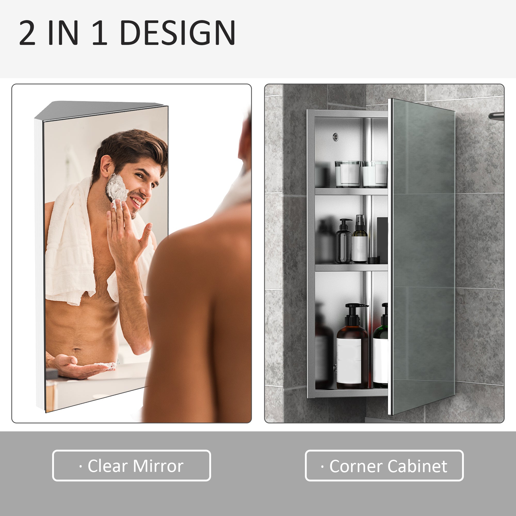 Kozy Stainless Steel Wall mounted Bathroom Corner Mirror Storage Cabinet Single Door 300mm (W)