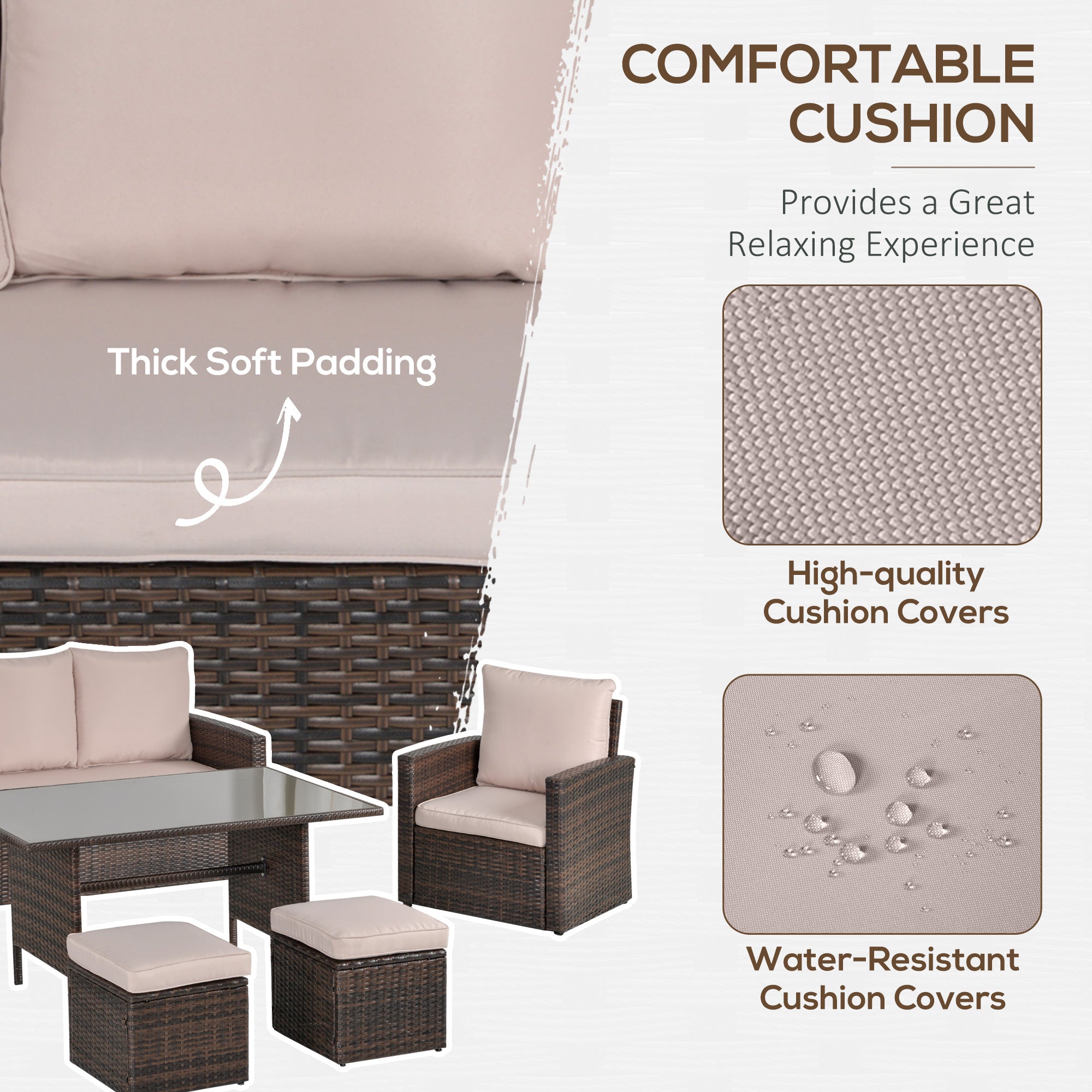 Kozy Six-Piece Rattan Sofa Set, with Glass-Top Table - Mixed Brown